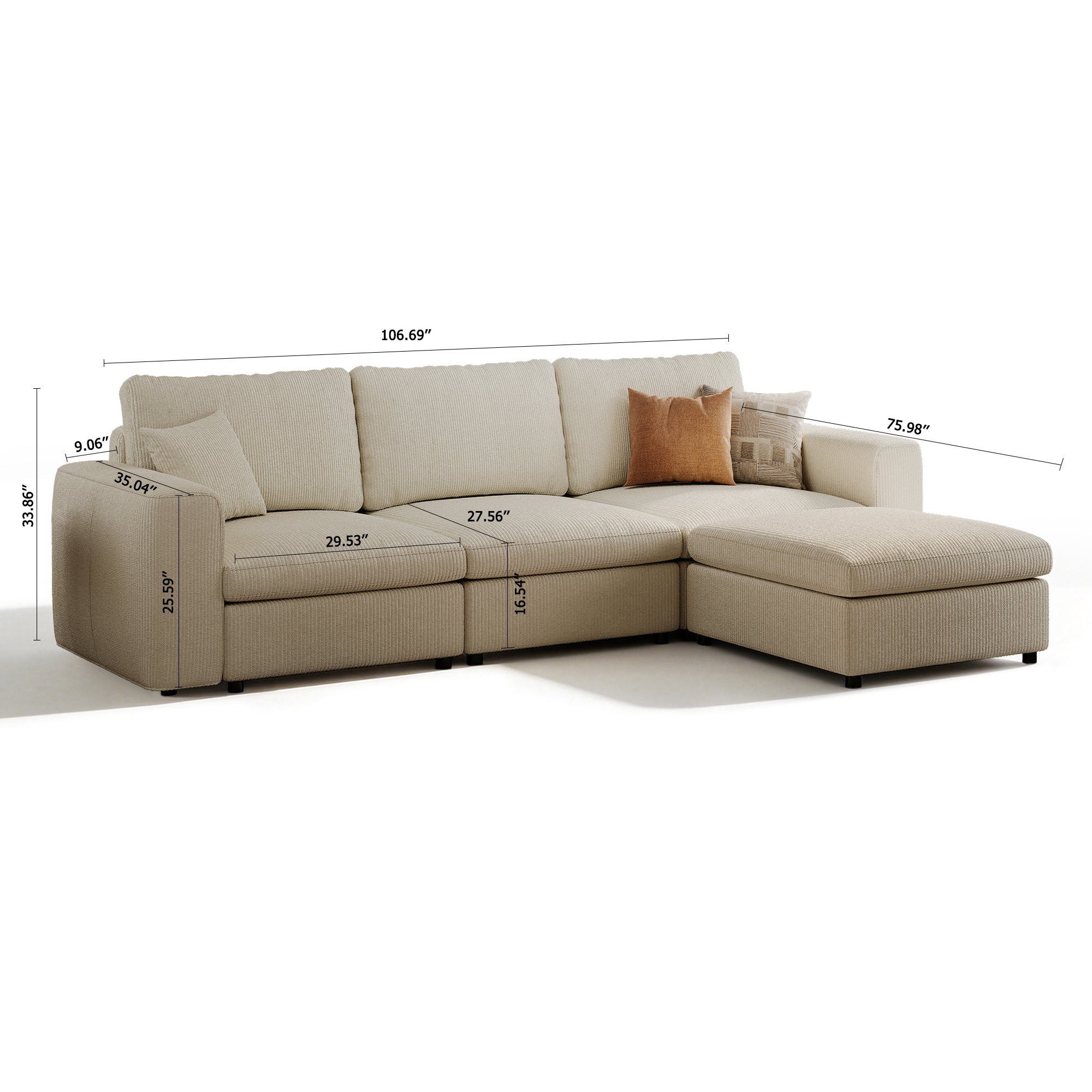 3-Seater + Ottoman Cream Corduroy Modular Sofa with Deep Seat