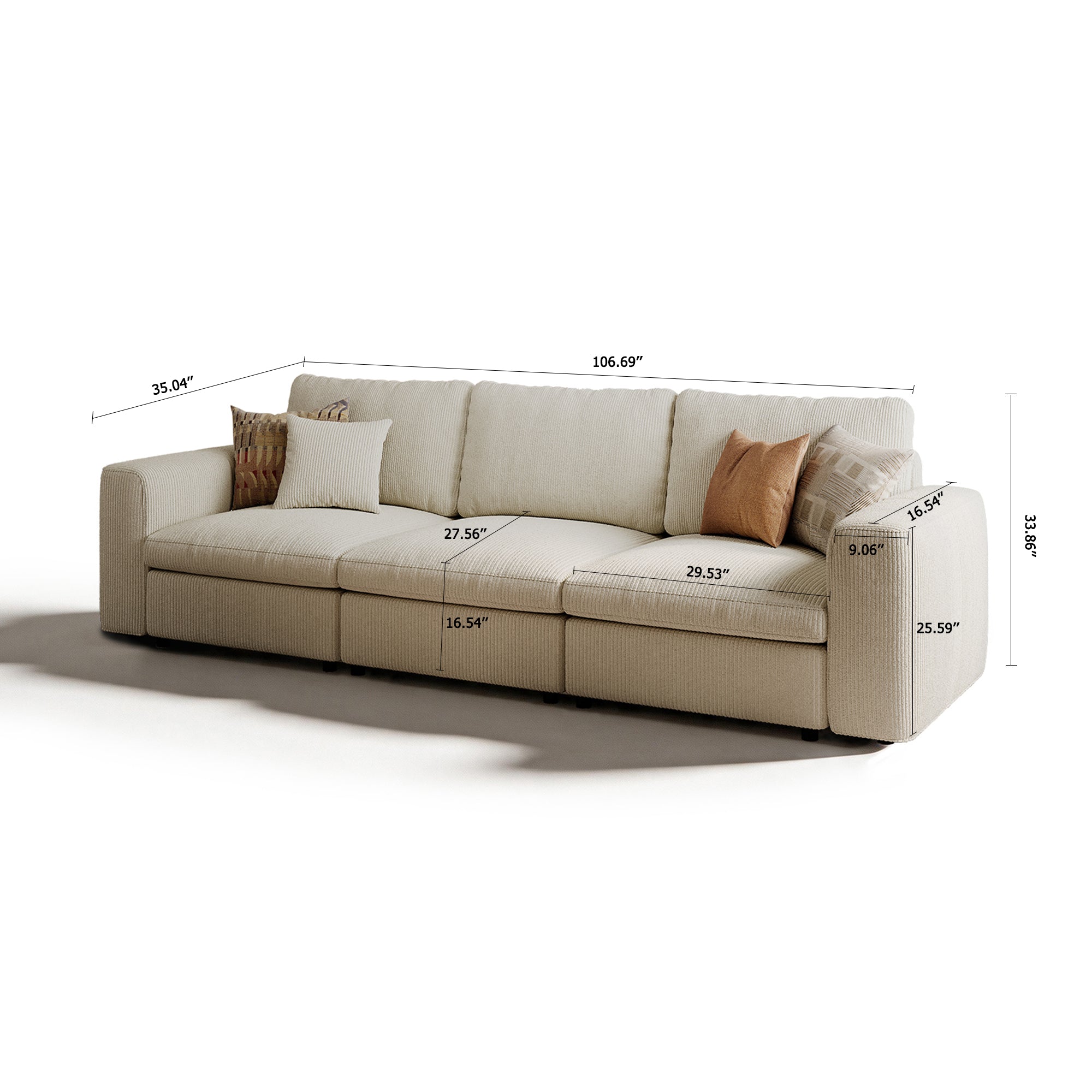 3-Seater Cream Corduroy Modular Sofa with Deep Seat