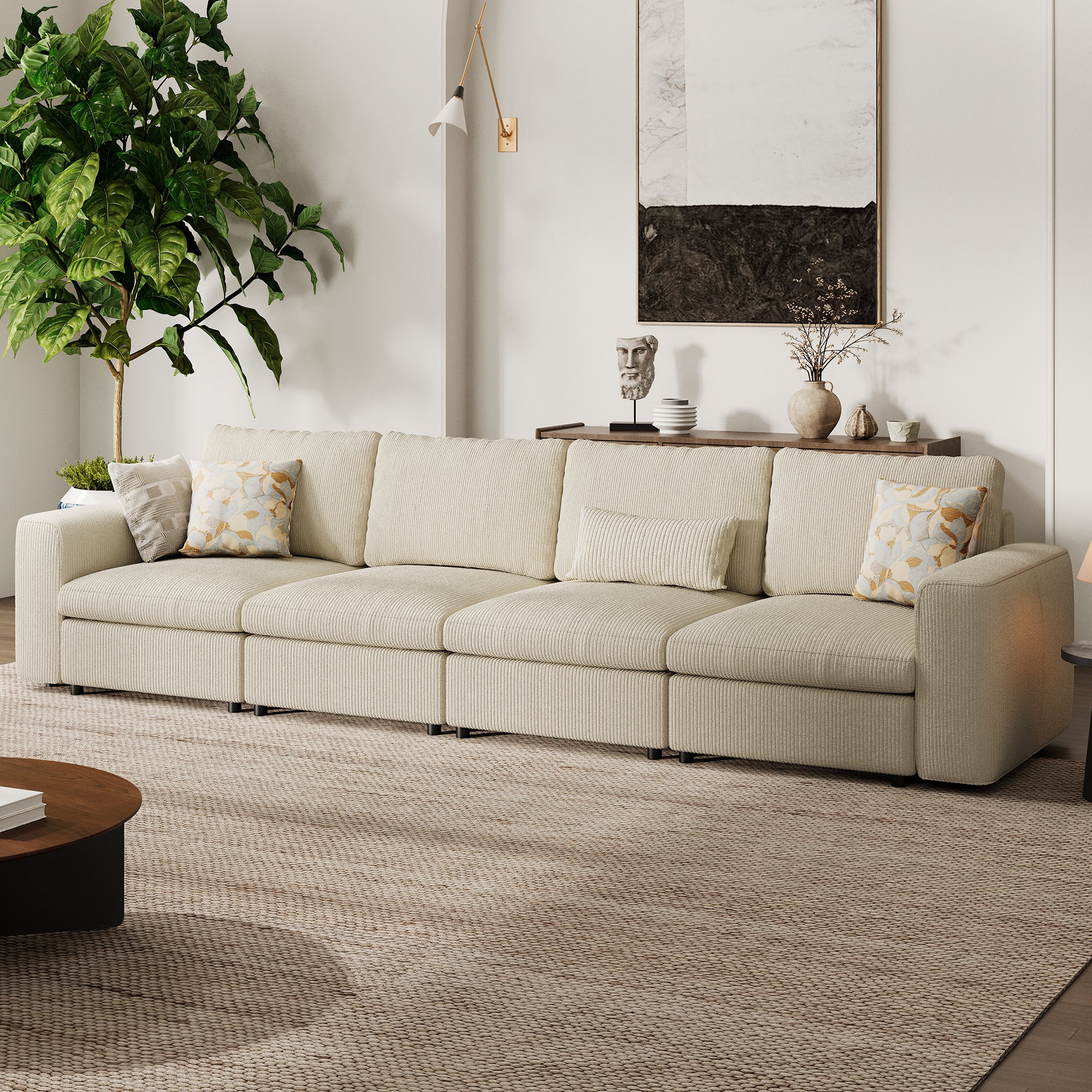 4-Seater Cream Corduroy Modular Sofa with Deep Seat