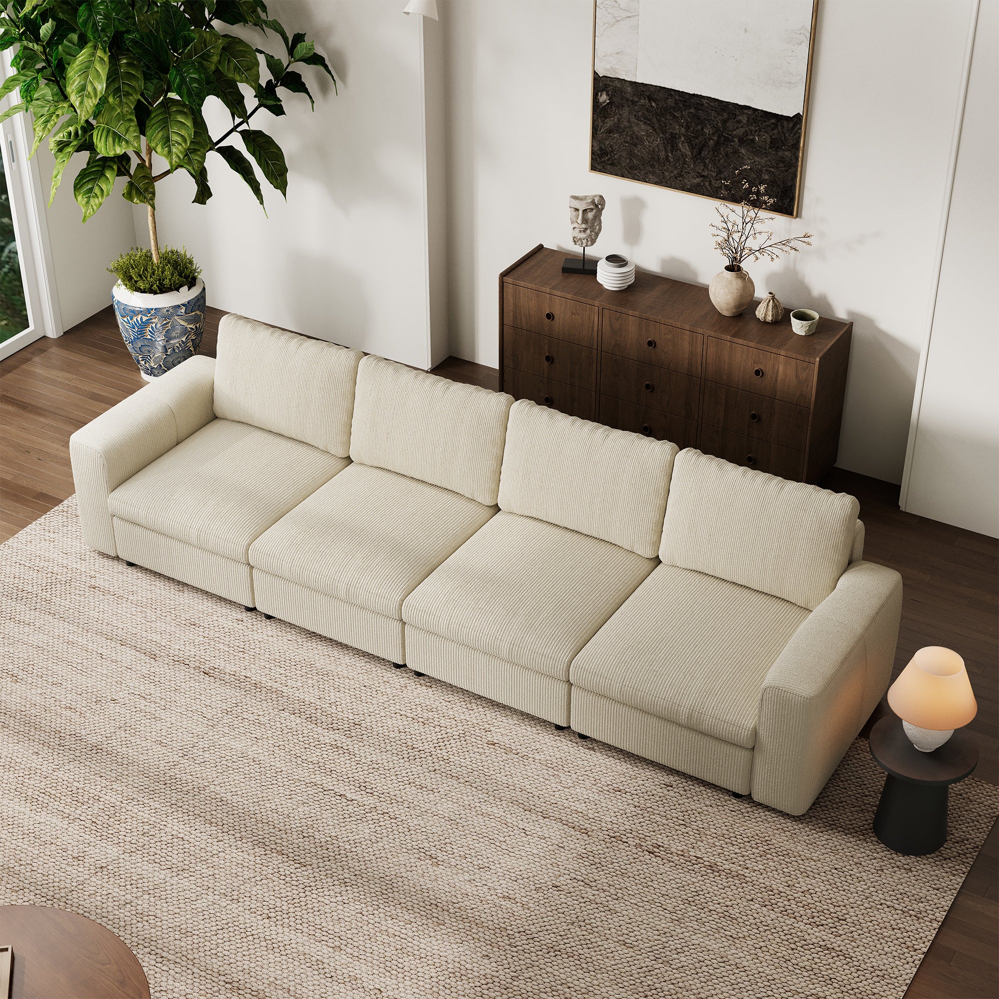 4-Seater Cream Corduroy Modular Sofa with Deep Seat