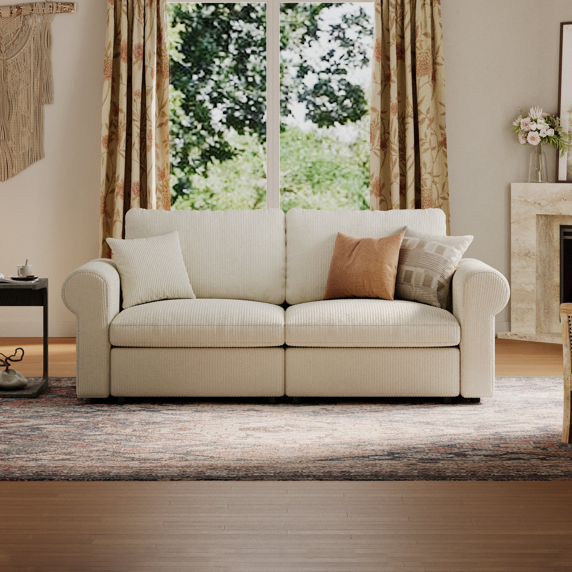 2-Seater Cream Corduroy Modular Sofa with Deep Seat
