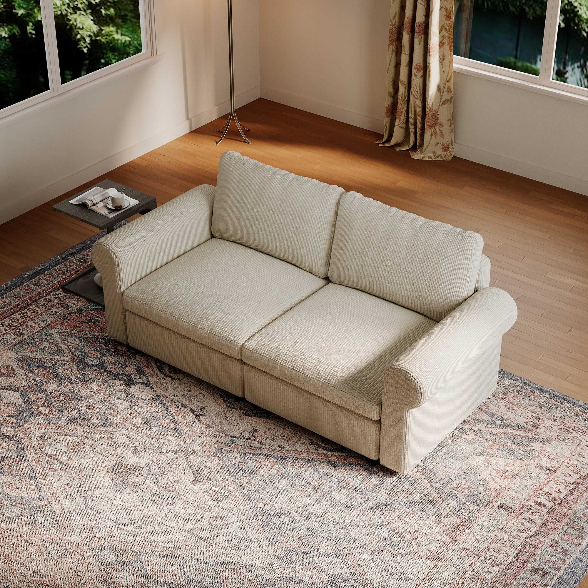 2-Seater Cream Corduroy Modular Sofa with Deep Seat