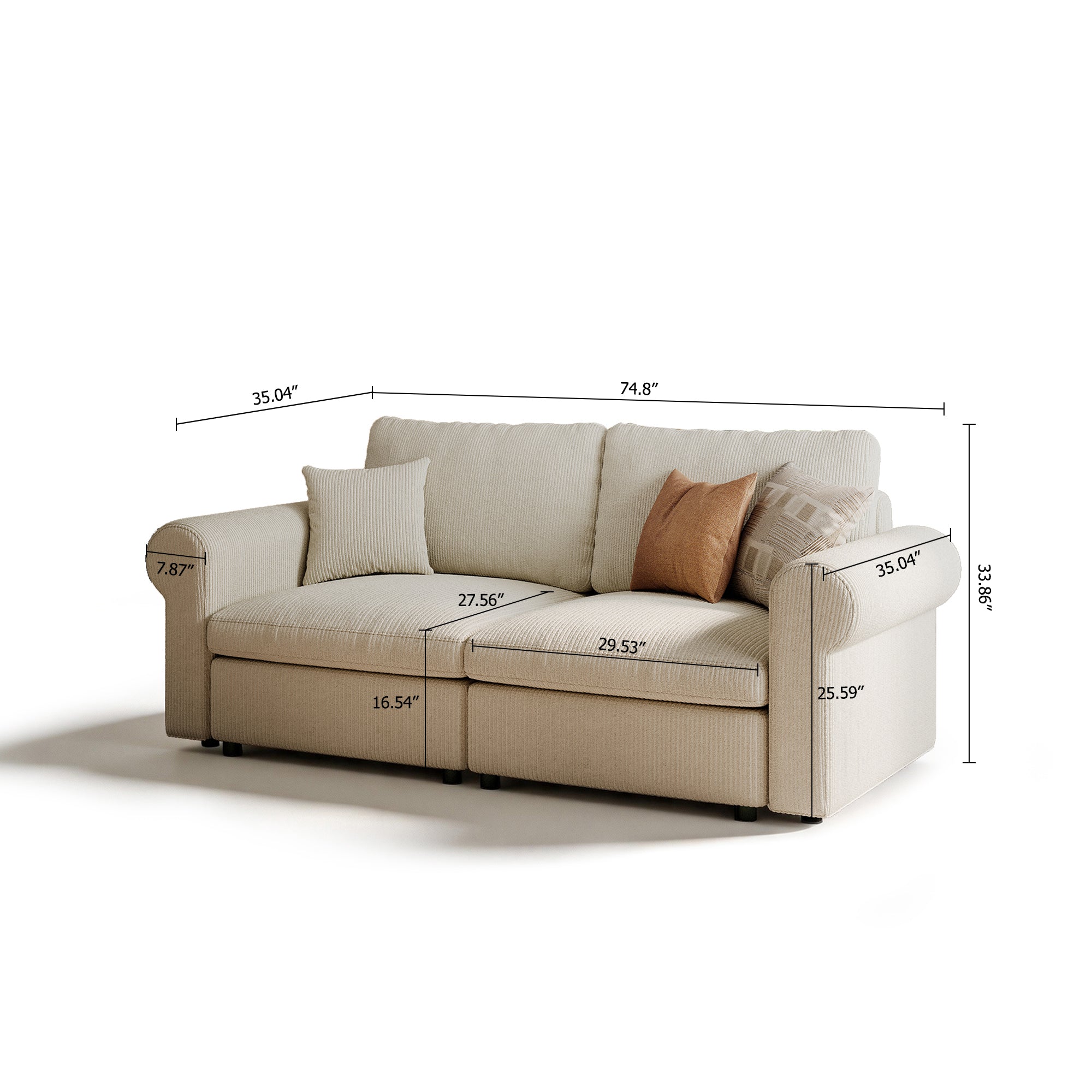 2-Seater Cream Corduroy Modular Sofa with Deep Seat