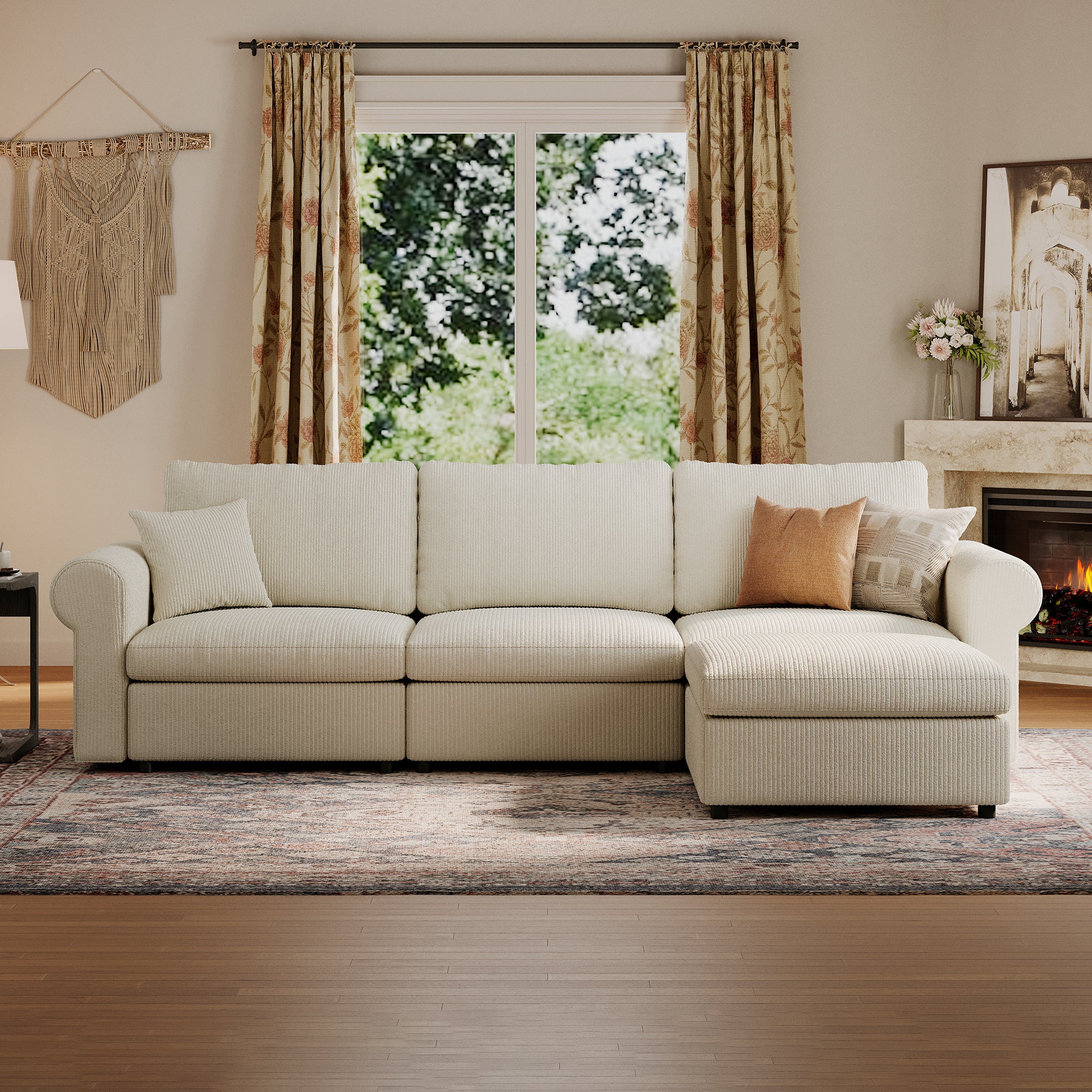 3-Seater + Ottoman Cream Corduroy Modular Sofa with Deep Seat
