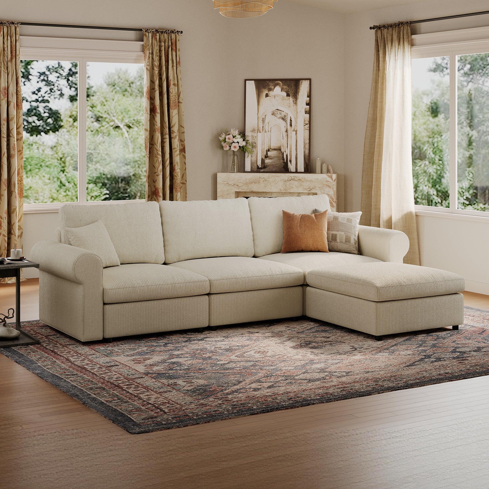 3-Seater + Ottoman Cream Corduroy Modular Sofa with Deep Seat