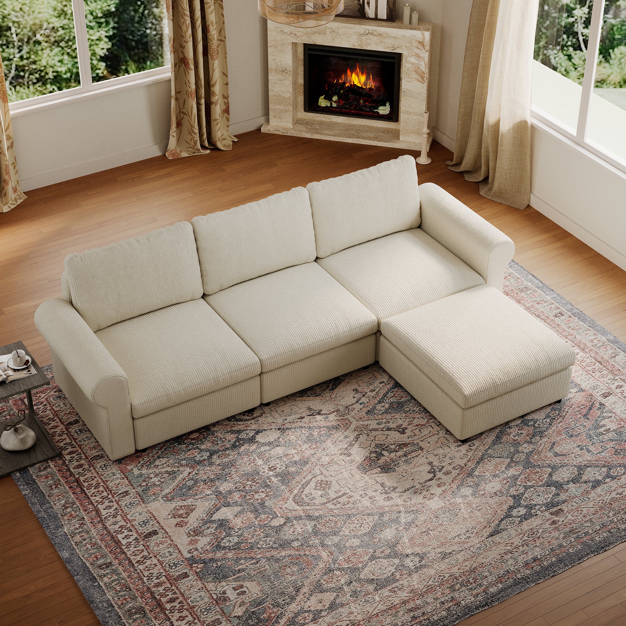 3-Seater + Ottoman Cream Corduroy Modular Sofa with Deep Seat