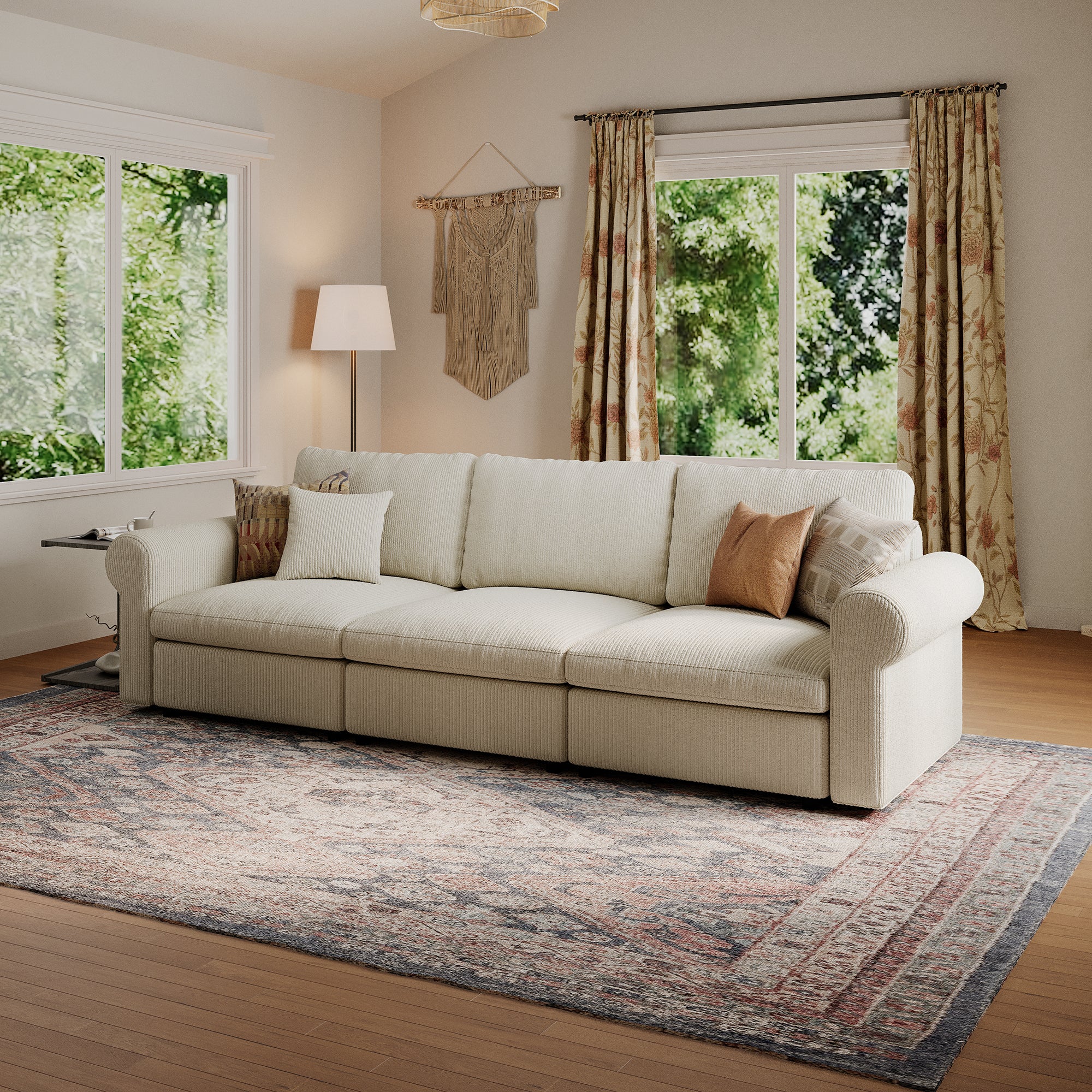 3-Seater Cream Corduroy Modular Sofa with Deep Seat