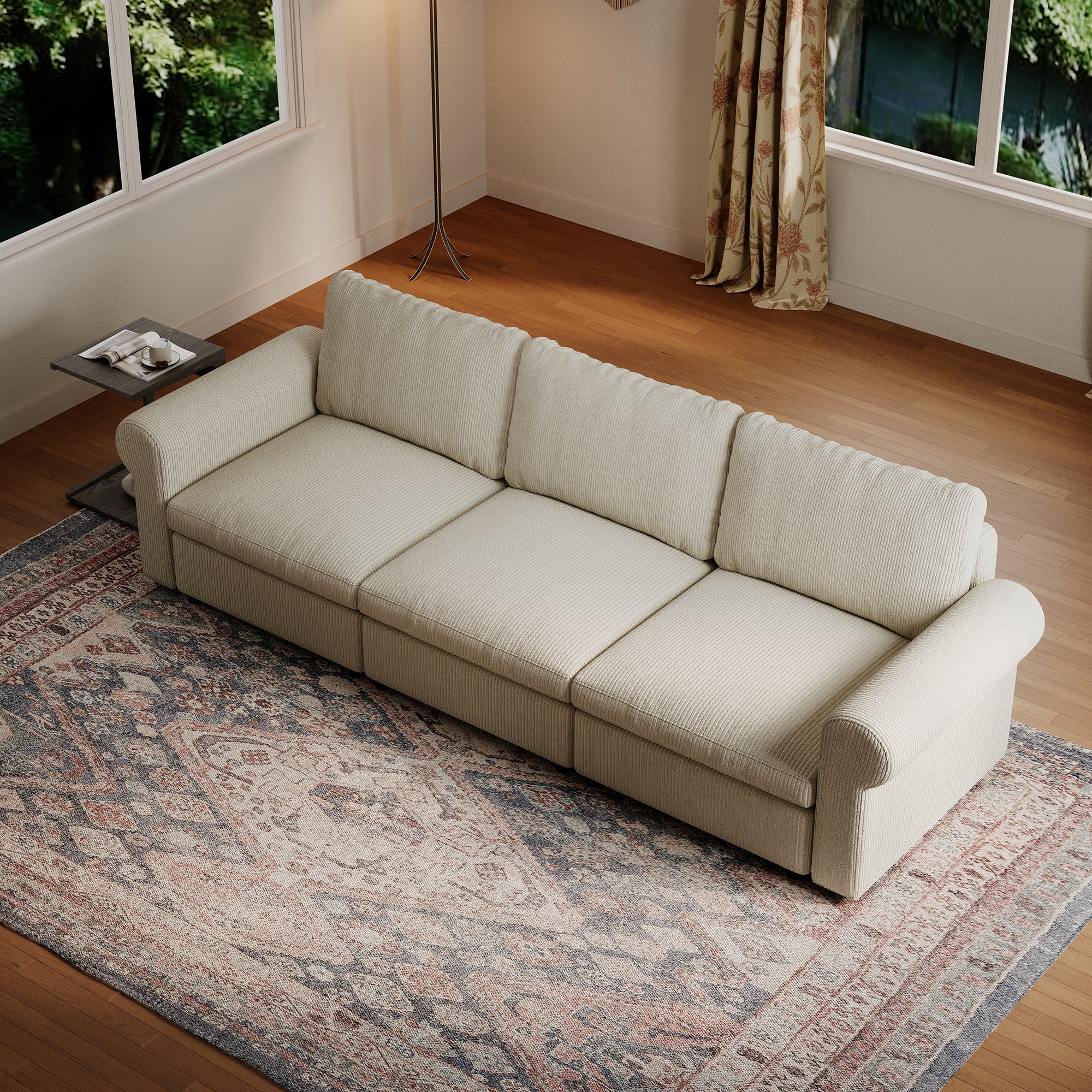 3-Seater Cream Corduroy Modular Sofa with Deep Seat