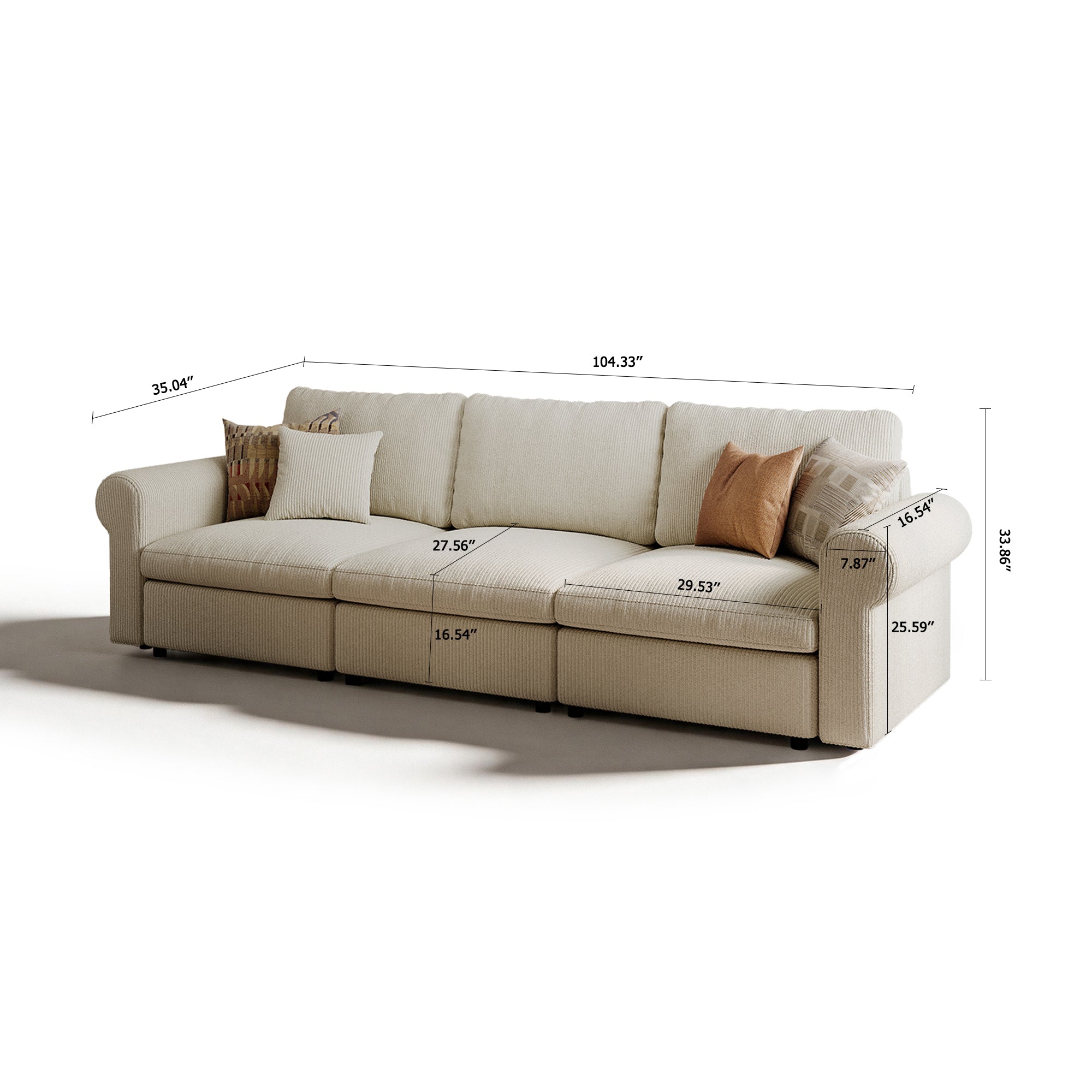 3-Seater Cream Corduroy Modular Sofa with Deep Seat