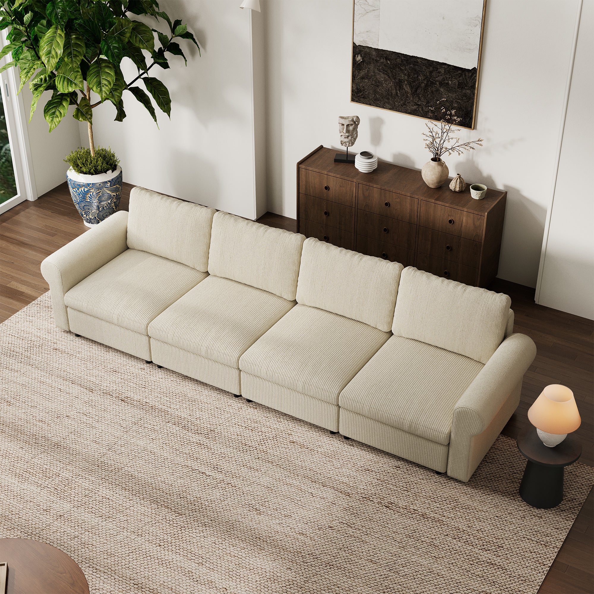 4-Seater Cream Corduroy Modular Sofa with Deep Seat