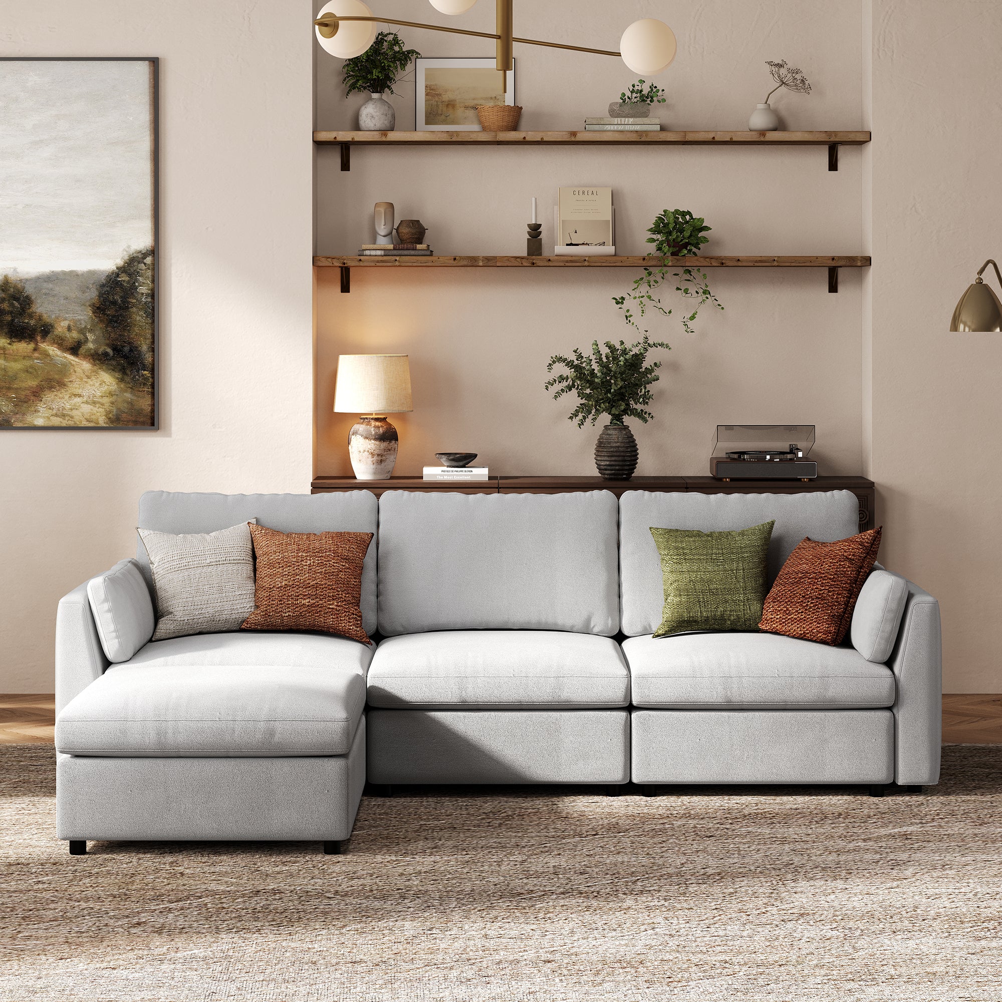 3-Seater + Ottoman Dove Grey Chenille Modular Sofa with Deep Seat