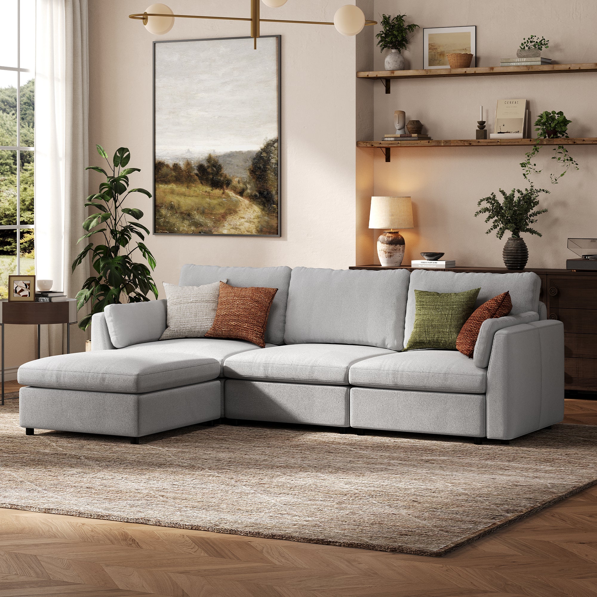 3-Seater + Ottoman Dove Grey Chenille Modular Sofa with Deep Seat