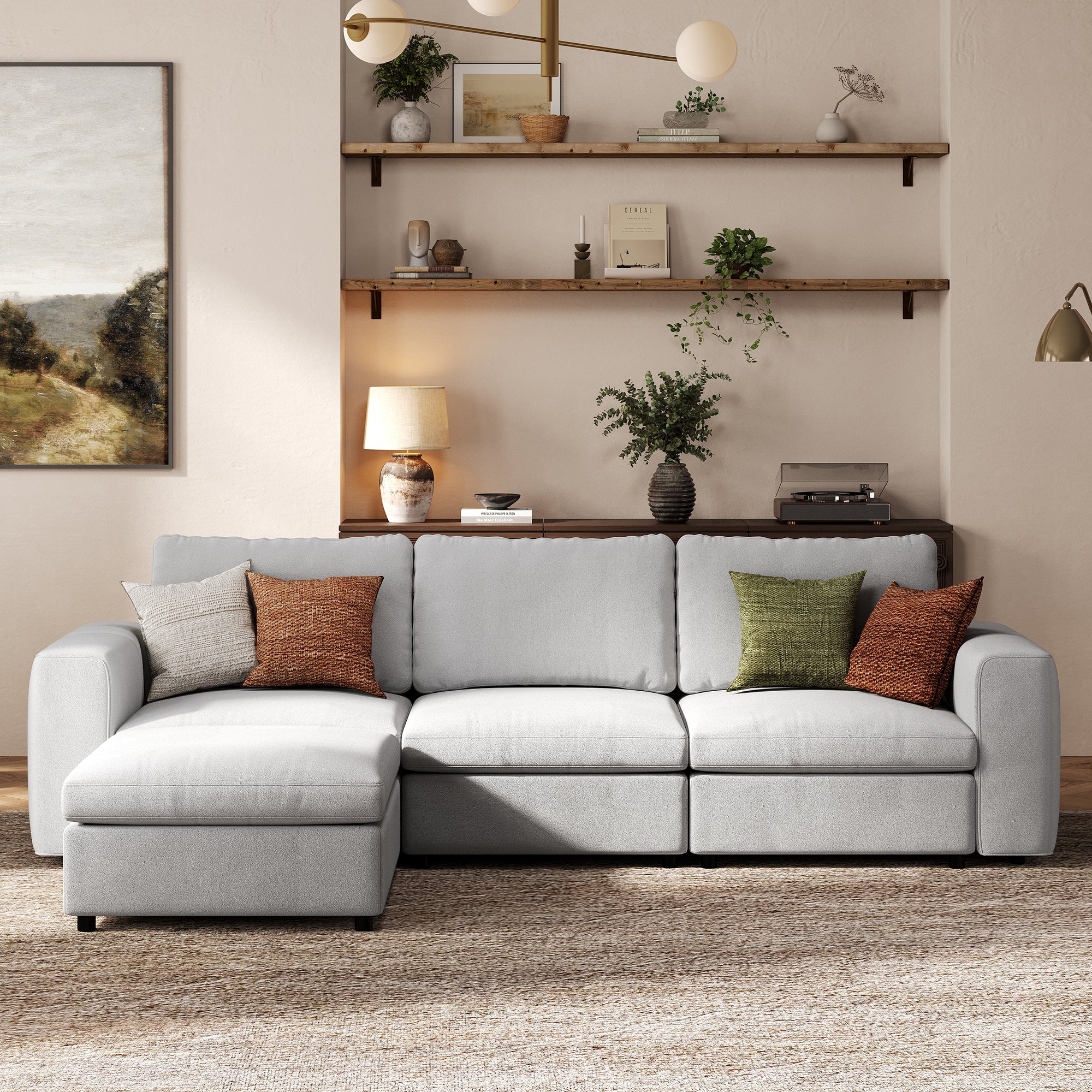 3-Seater + Ottoman Dove Grey Chenille Modular Sofa with Deep Seat