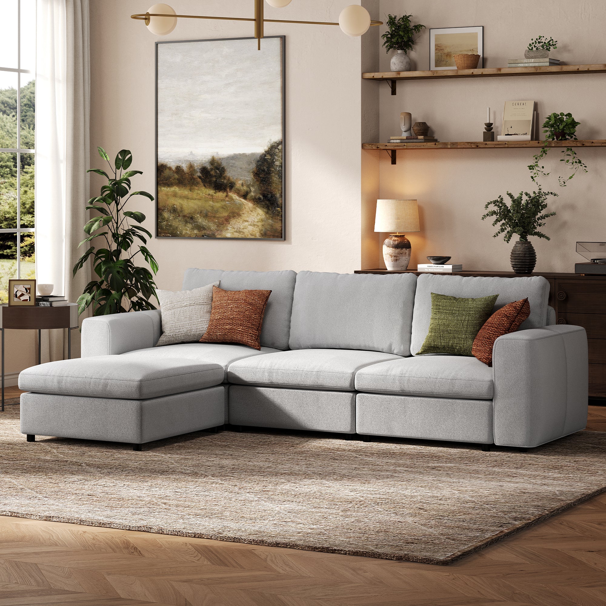 3-Seater + Ottoman Dove Grey Chenille Modular Sofa with Deep Seat