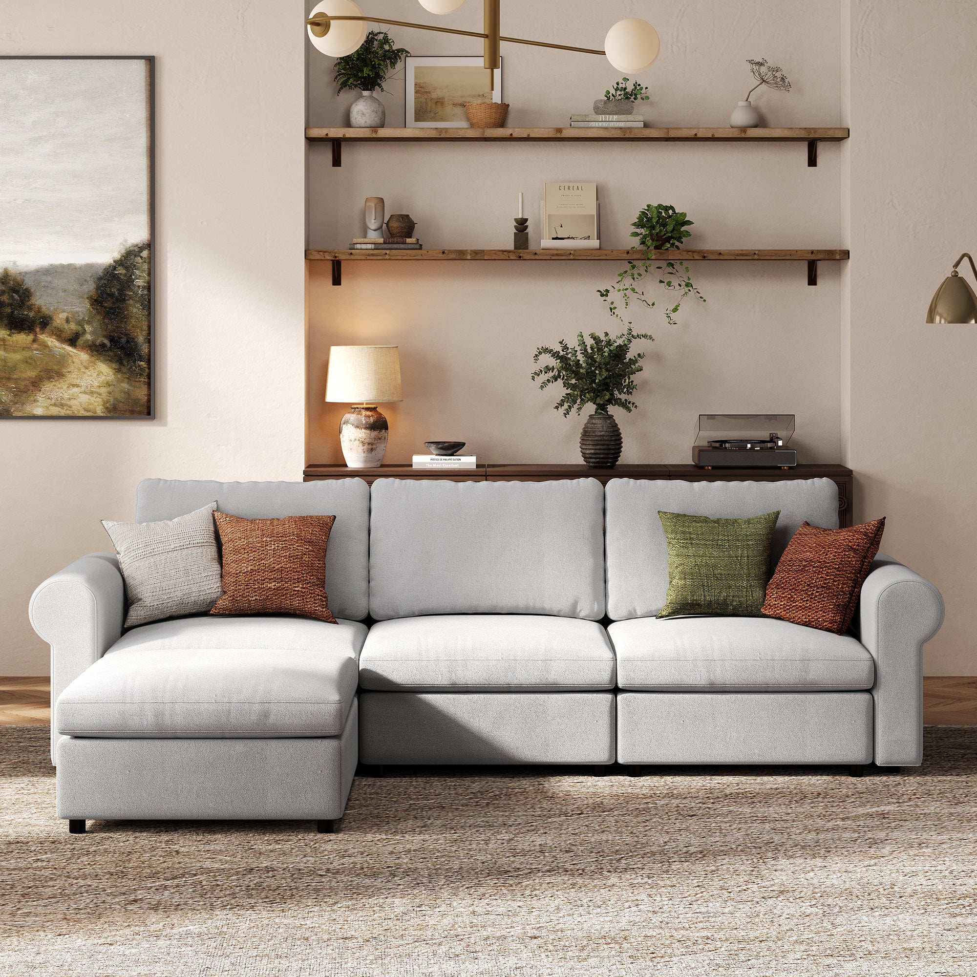 3-Seater + Ottoman Dove Grey Chenille Modular Sofa with Deep Seat
