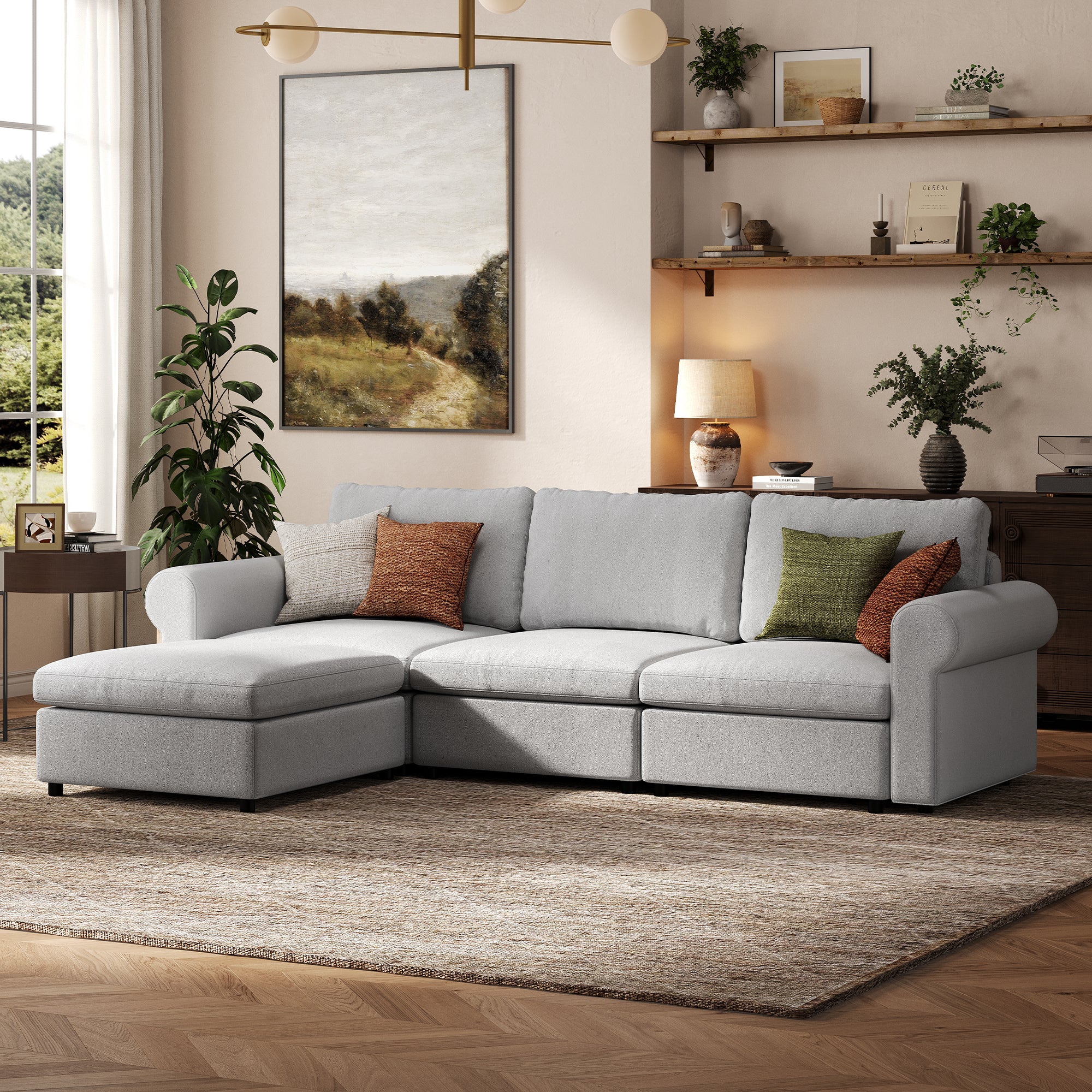 3-Seater + Ottoman Dove Grey Chenille Modular Sofa with Deep Seat