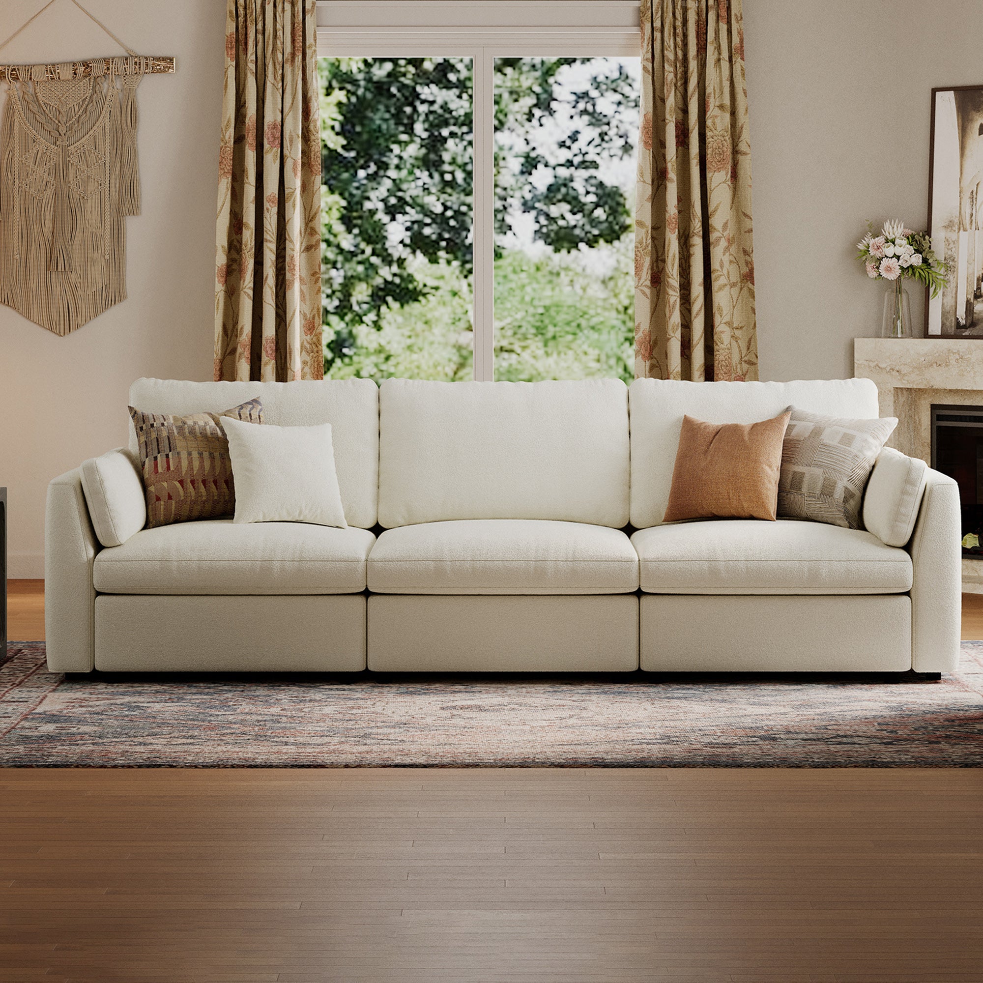 3-Seater Cream Chenille Modular Sofa with Deep Seat
