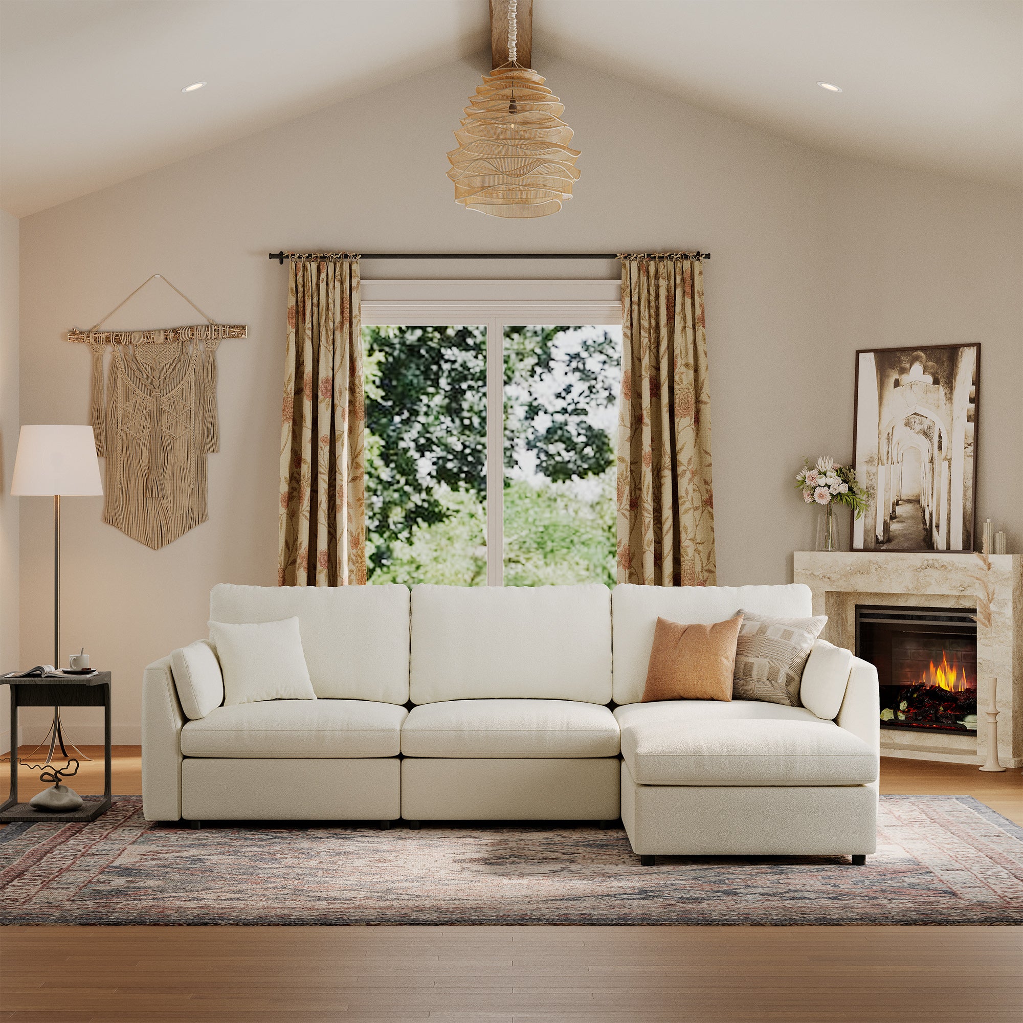 3-Seater + Ottoman Cream Chenille Modular Sofa with Deep Seat