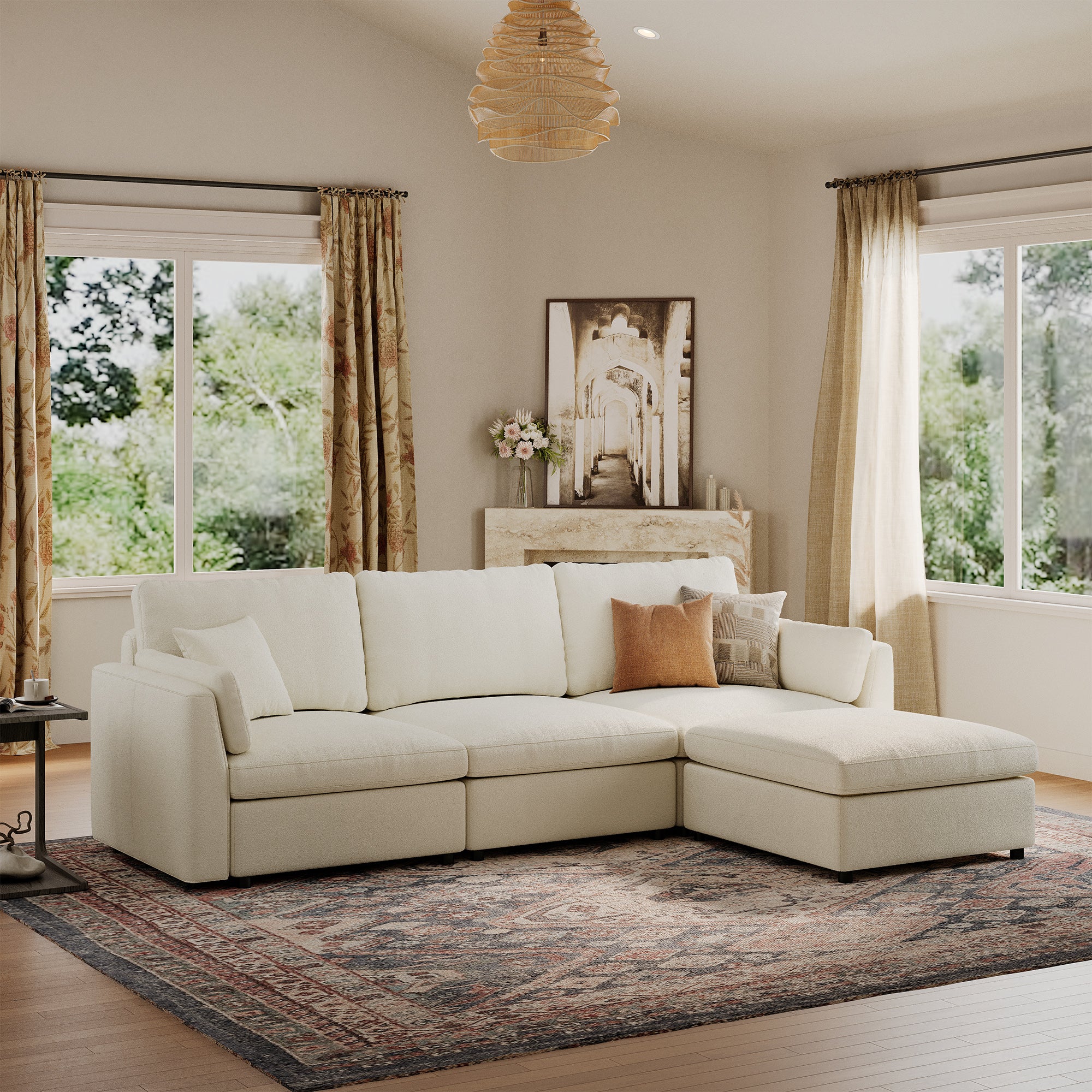 3-Seater + Ottoman Cream Chenille Modular Sofa with Deep Seat