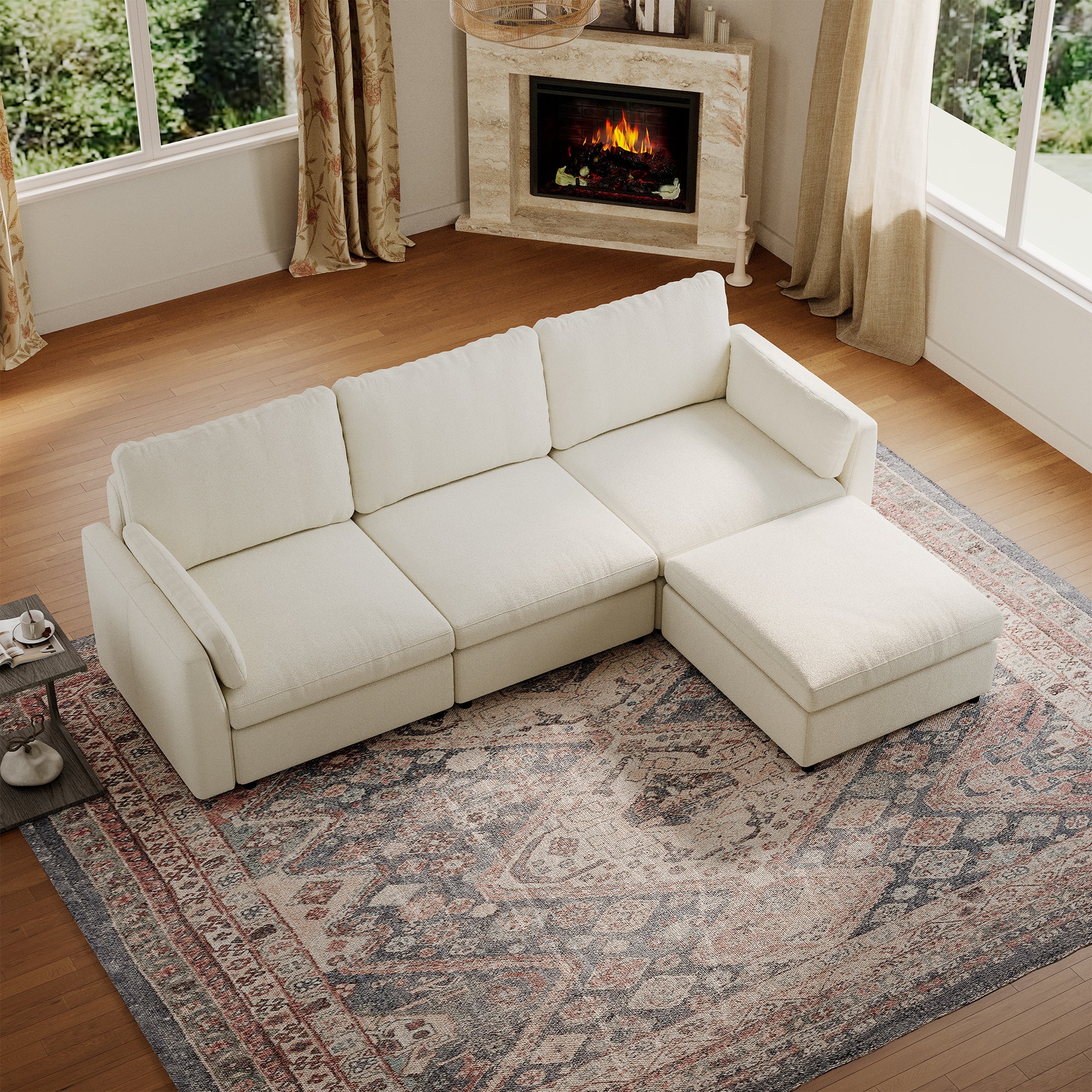 3-Seater + Ottoman Cream Chenille Modular Sofa with Deep Seat