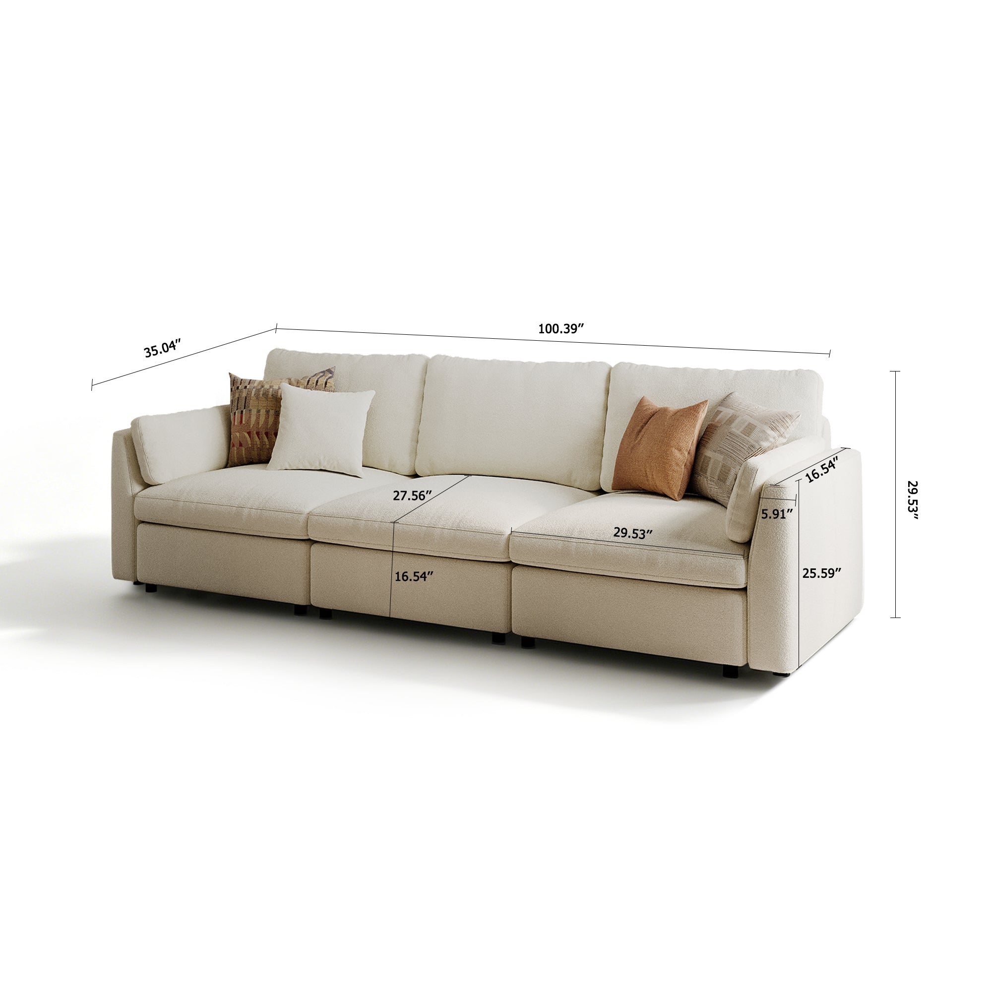 3-Seater Cream Chenille Modular Sofa with Deep Seat