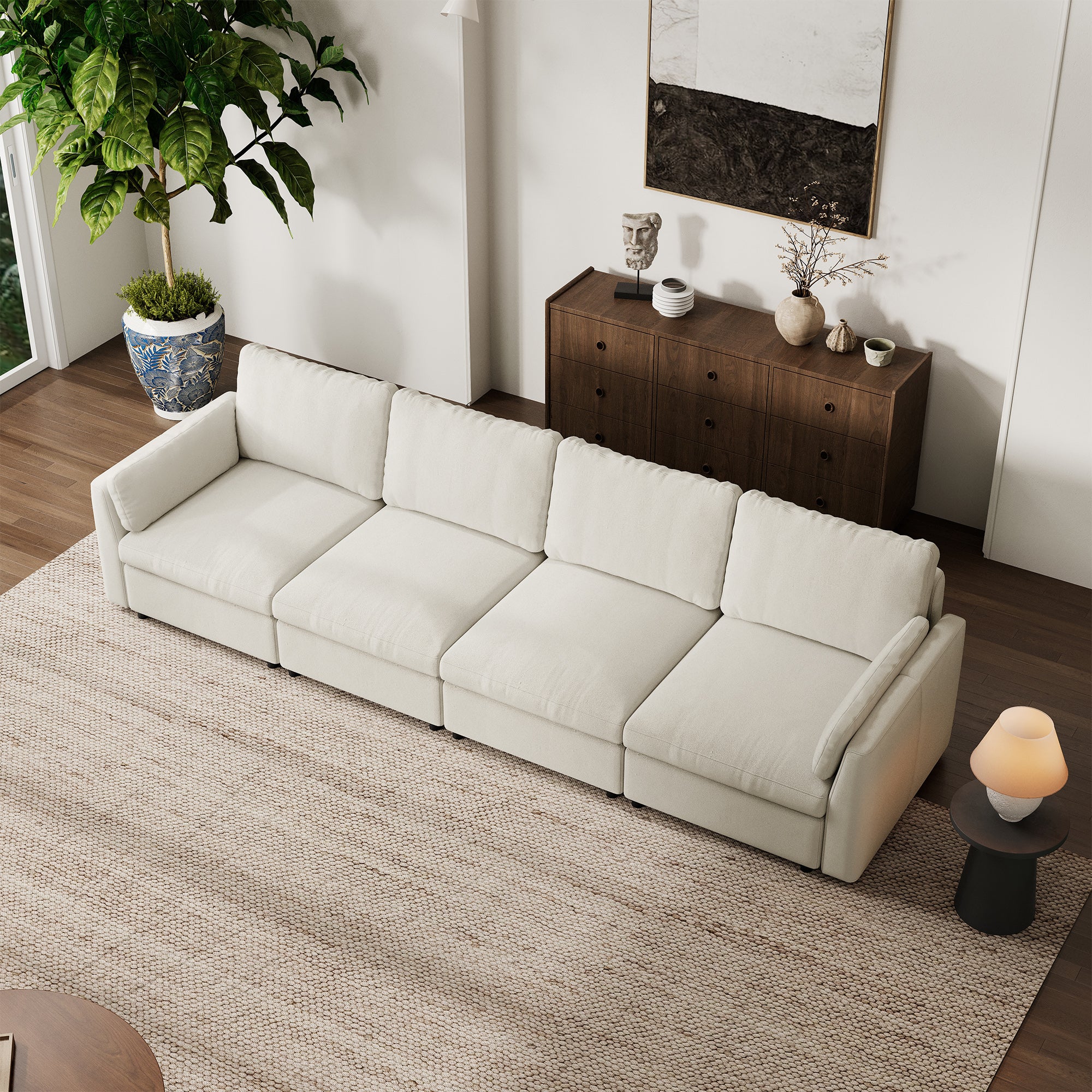 4-Seater Cream Chenille Modular Sofa with Deep Seat