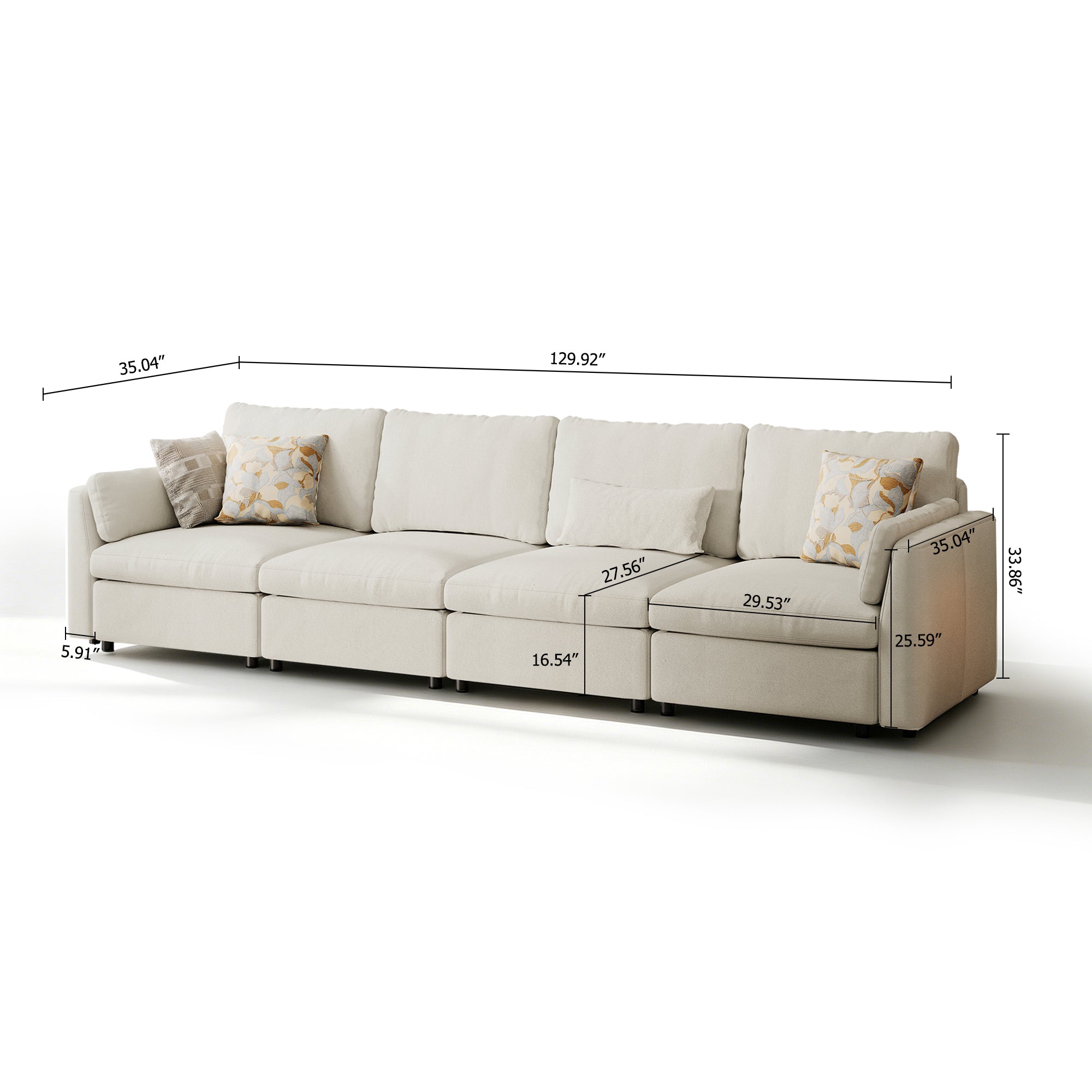 4-Seater Cream Chenille Modular Sofa with Deep Seat