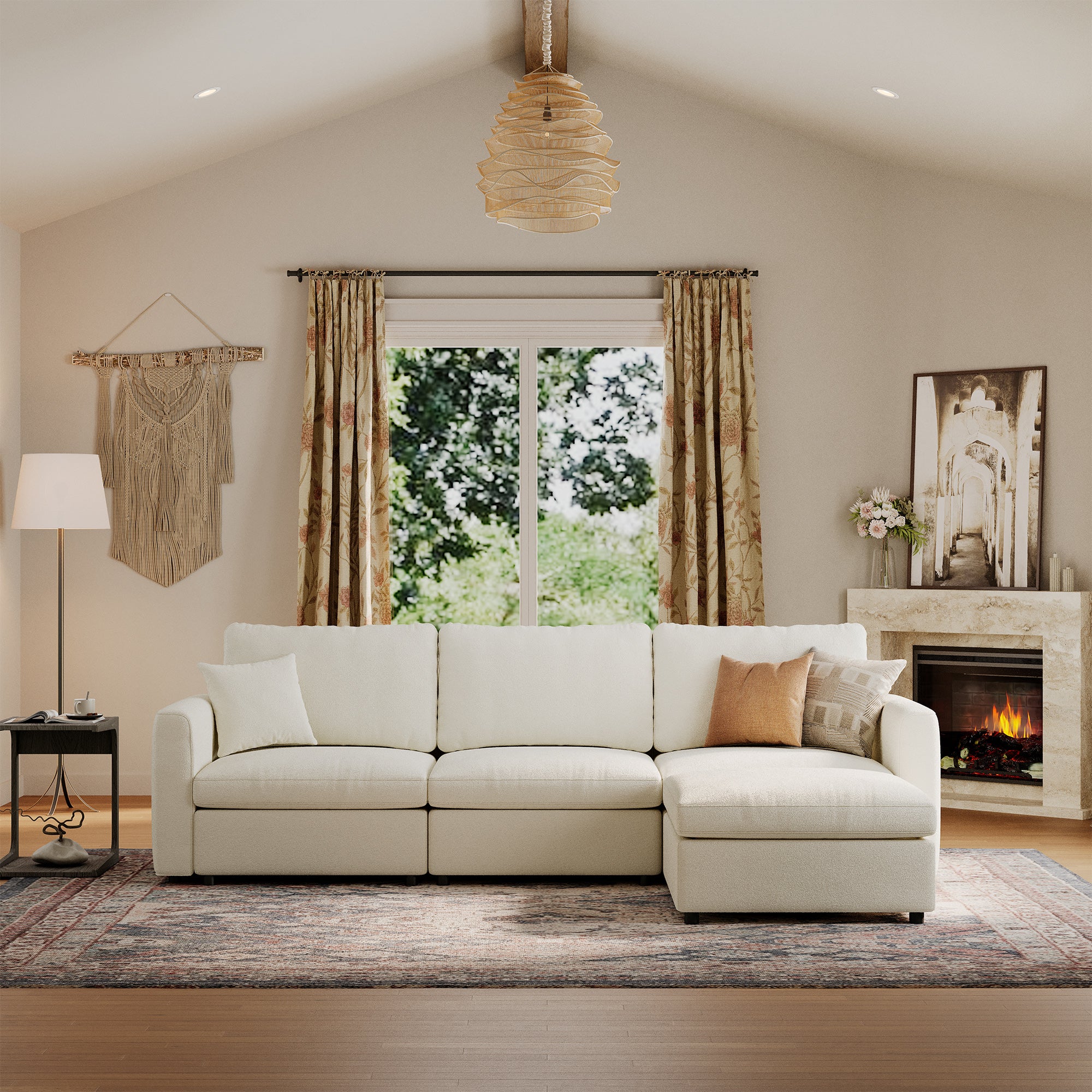3-Seater + Ottoman Cream Chenille Modular Sofa with Deep Seat