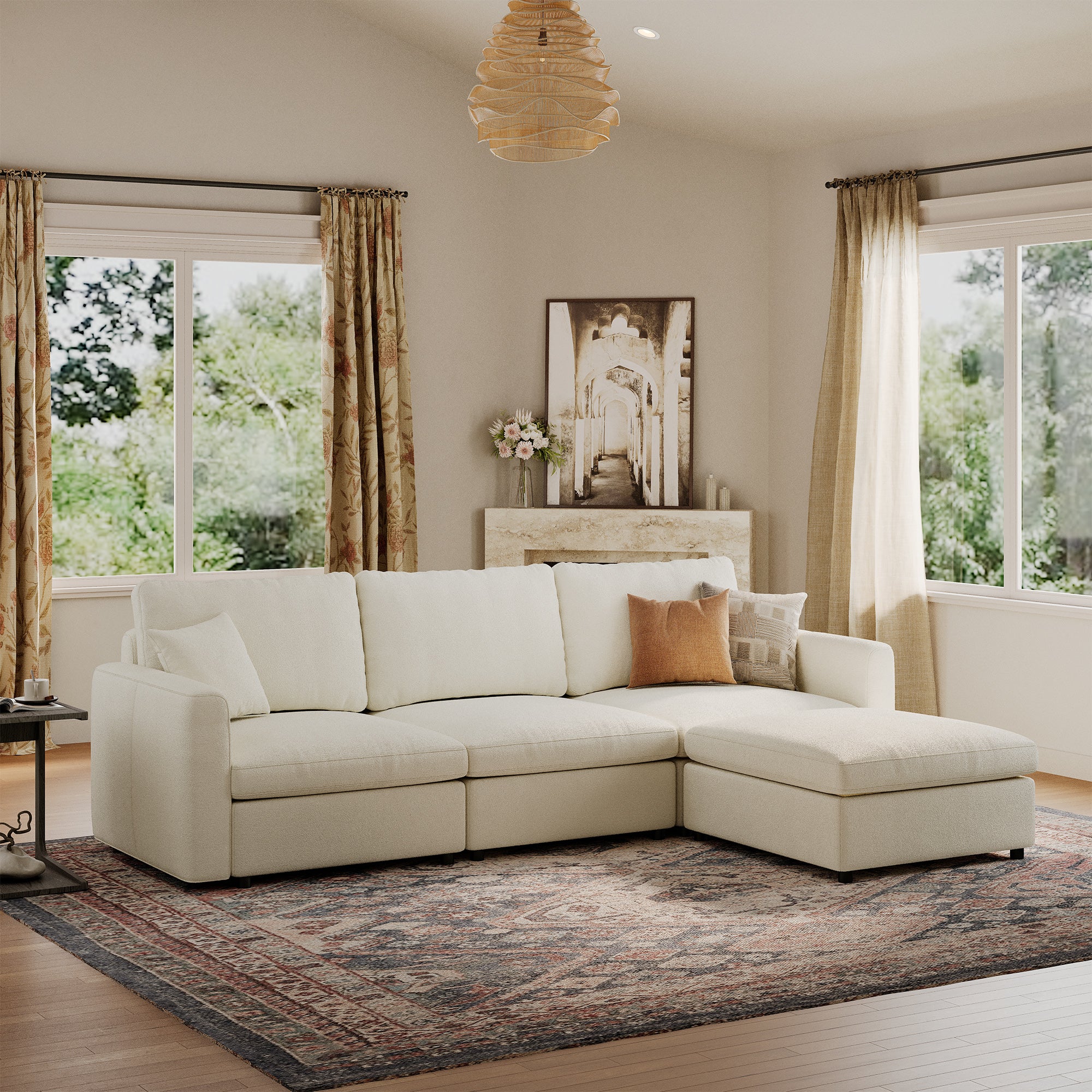 3-Seater + Ottoman Cream Chenille Modular Sofa with Deep Seat