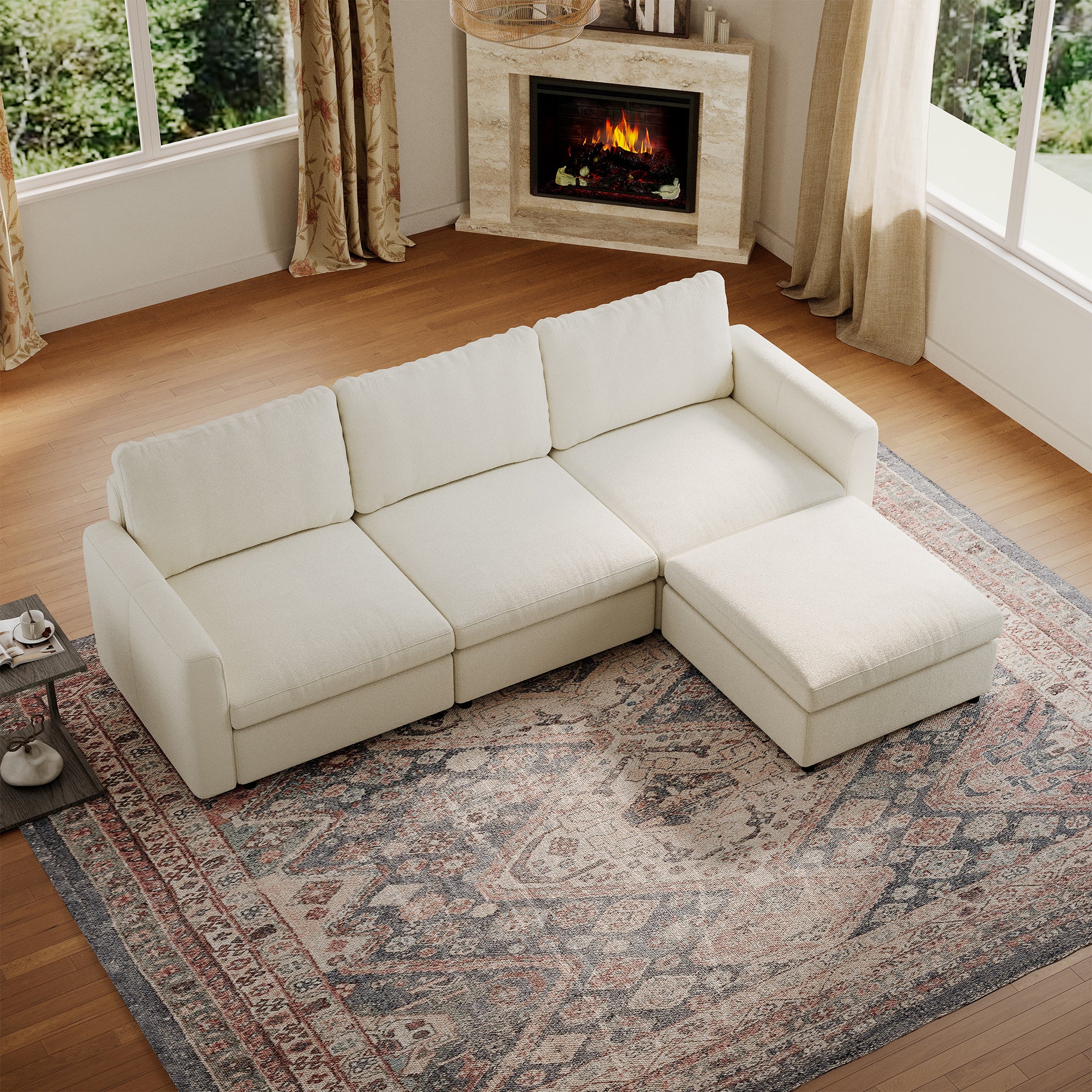 3-Seater + Ottoman Cream Chenille Modular Sofa with Deep Seat