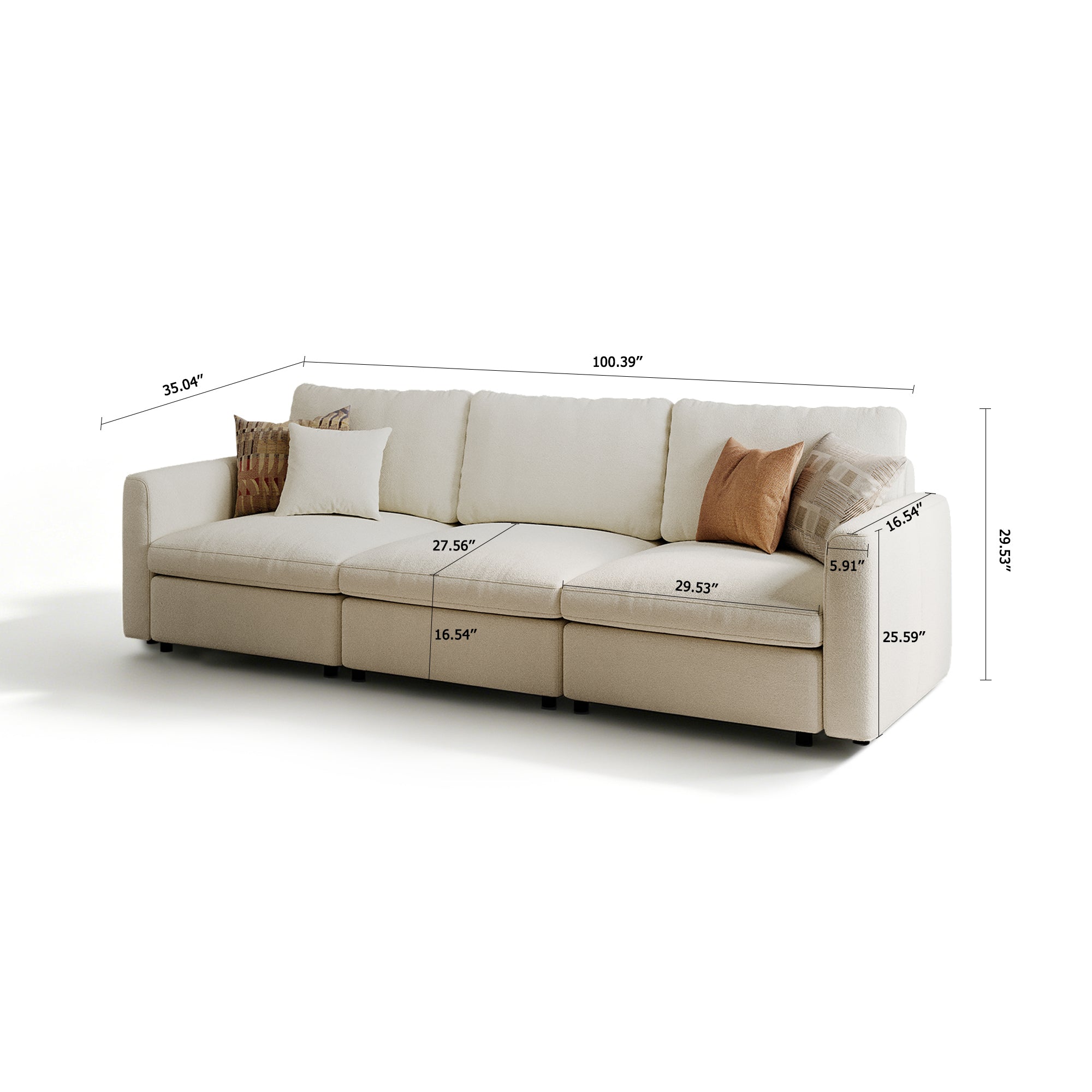 3-Seater Cream Chenille Modular Sofa with Deep Seat