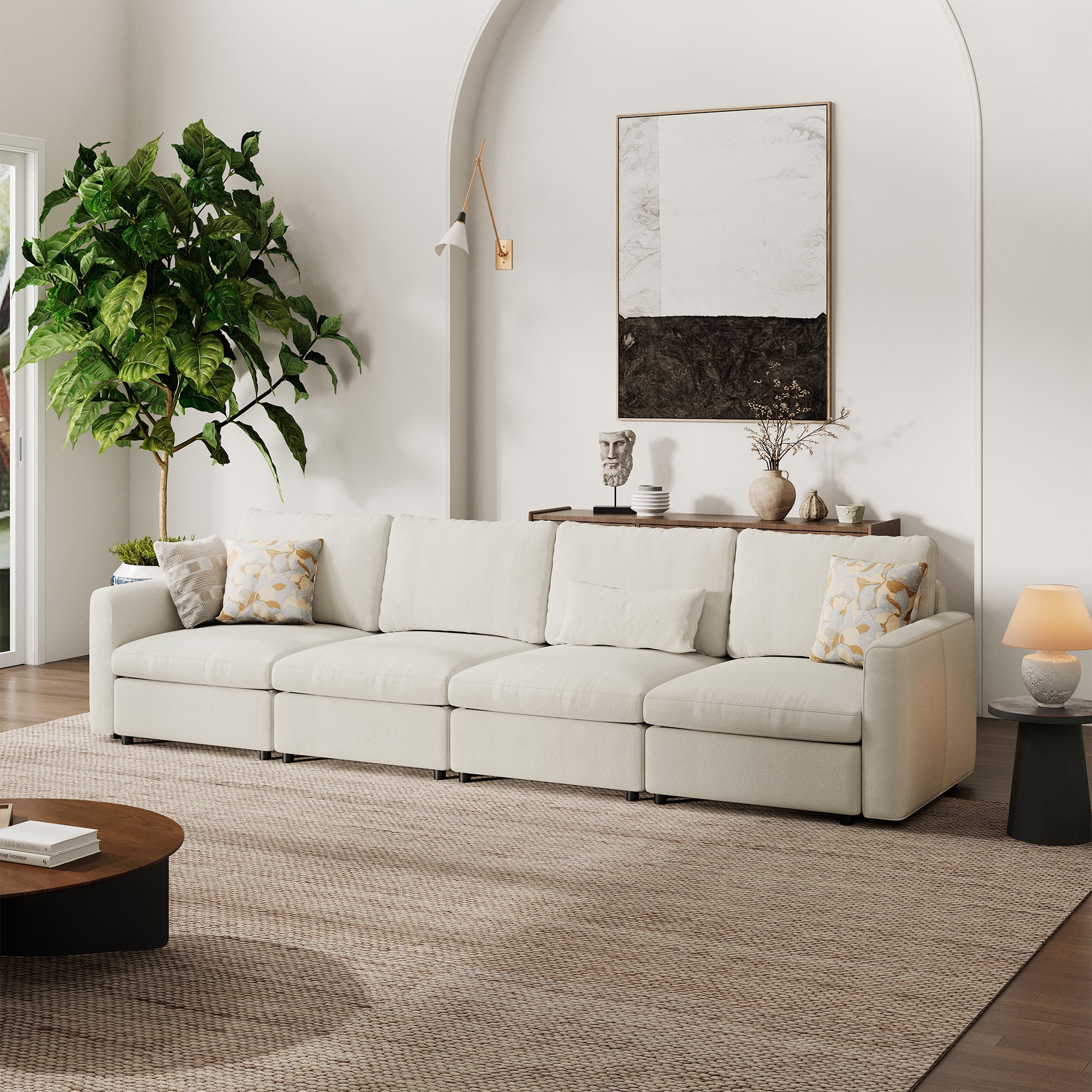 4-Seater Cream Chenille Modular Sofa with Deep Seat