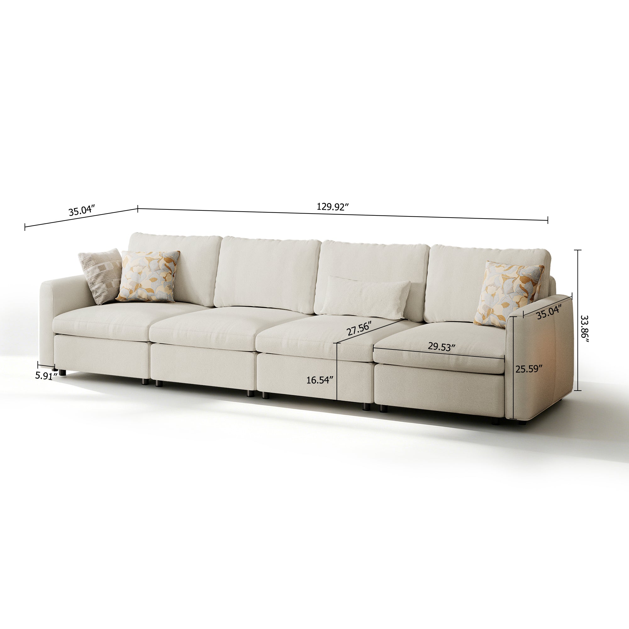 4-Seater Cream Chenille Modular Sofa with Deep Seat