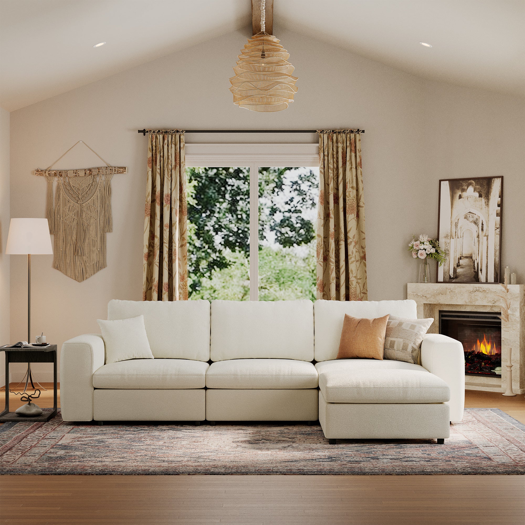 3-Seater + Ottoman Cream Chenille Modular Sofa with Deep Seat