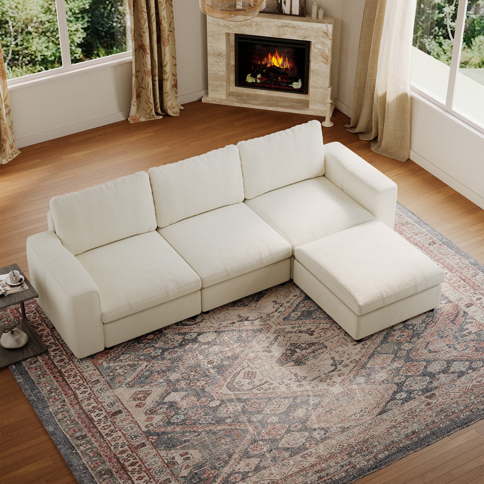 3-Seater + Ottoman Cream Chenille Modular Sofa with Deep Seat