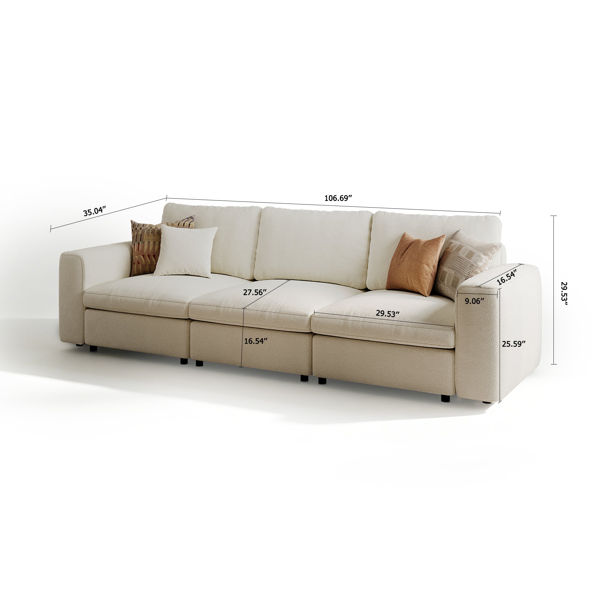 3-Seater Cream Chenille Modular Sofa with Deep Seat