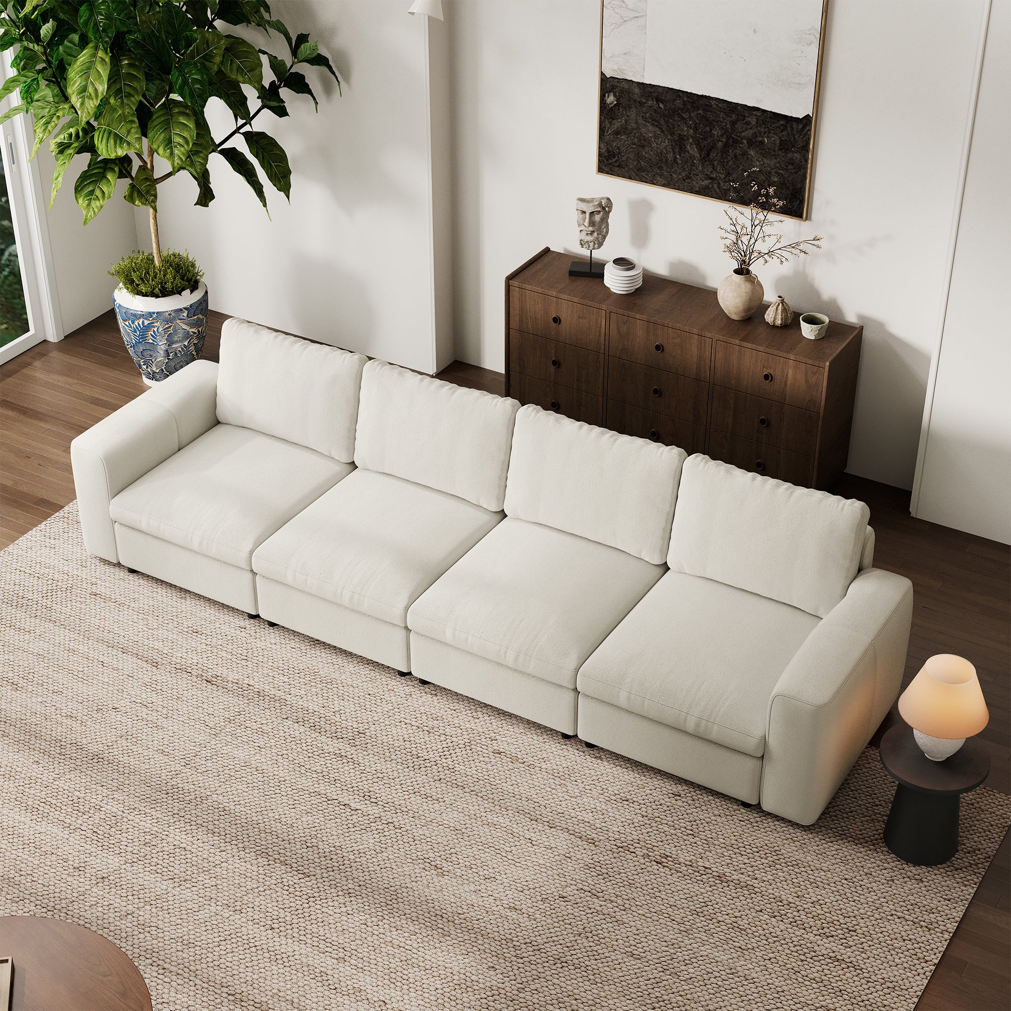 4-Seater Cream Chenille Modular Sofa with Deep Seat