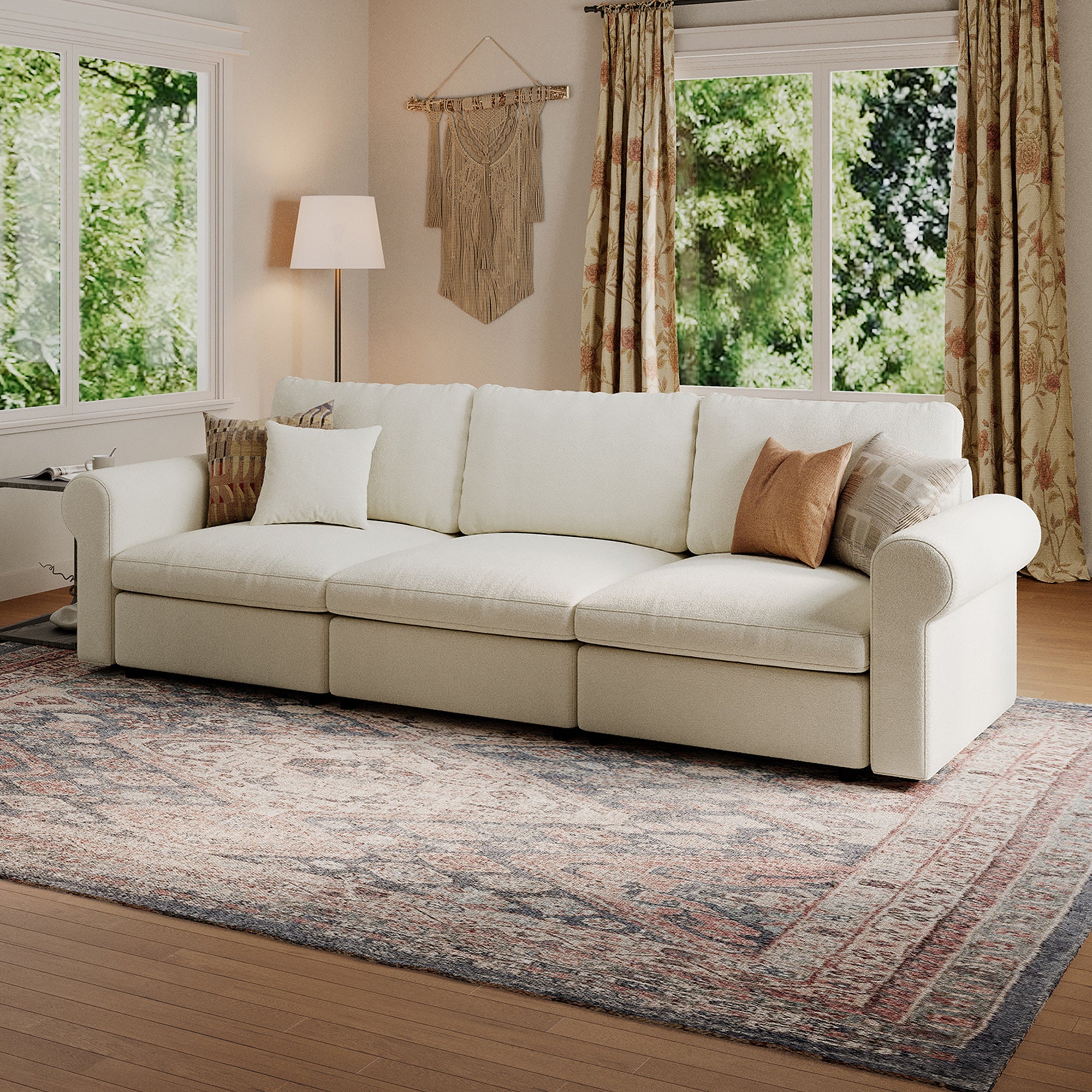 3-Seater Cream Chenille Modular Sofa with Deep Seat