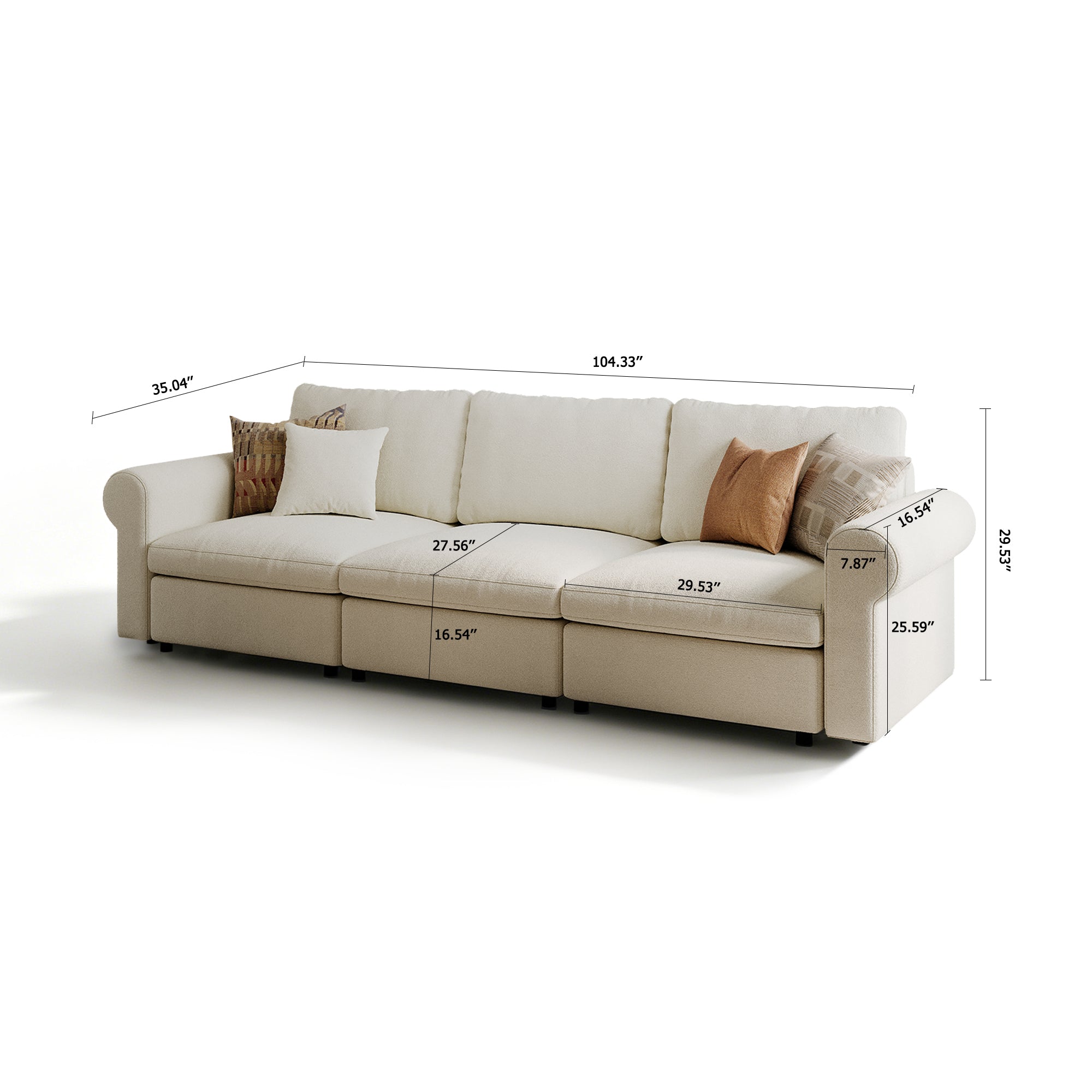3-Seater Cream Chenille Modular Sofa with Deep Seat