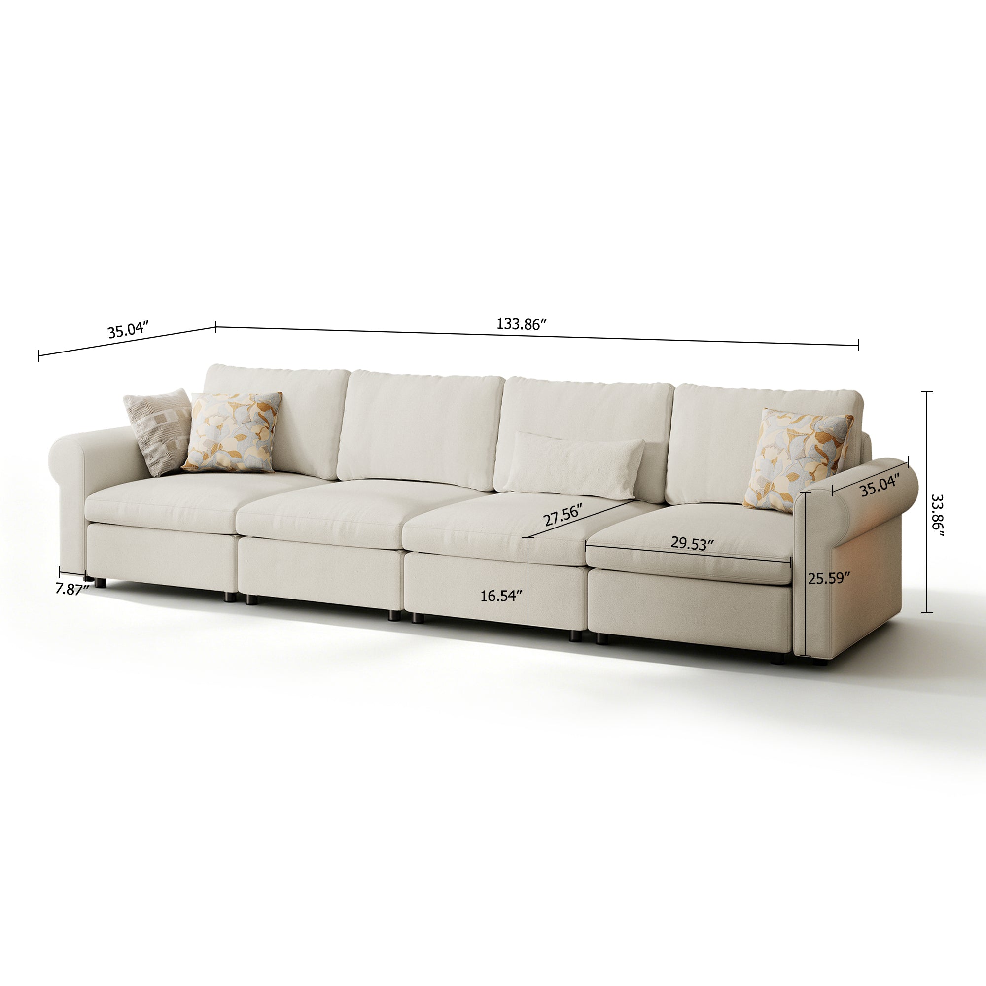 4-Seater Cream Chenille Modular Sofa with Deep Seat
