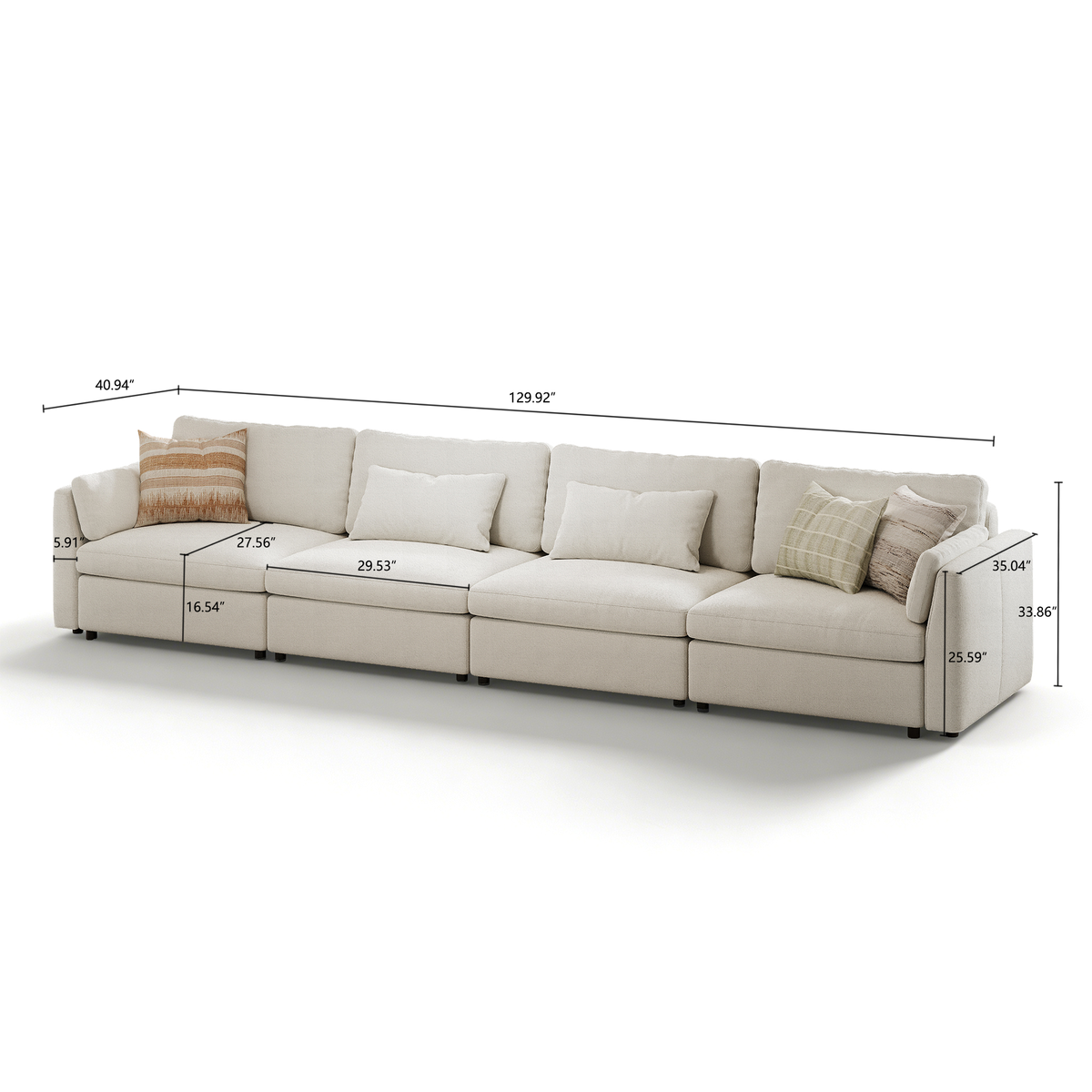 4-Seater Modular Sofa in Cream Chenille - 29.5" W x 27.5" D Per Seat