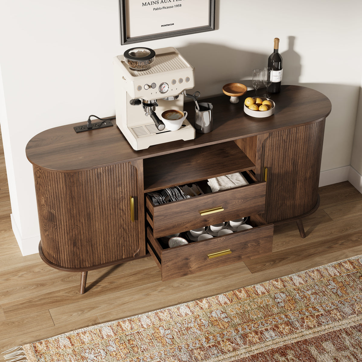 60" Fluted Sideboard Cabinet with Sliding Doors & Adjustable Shelf