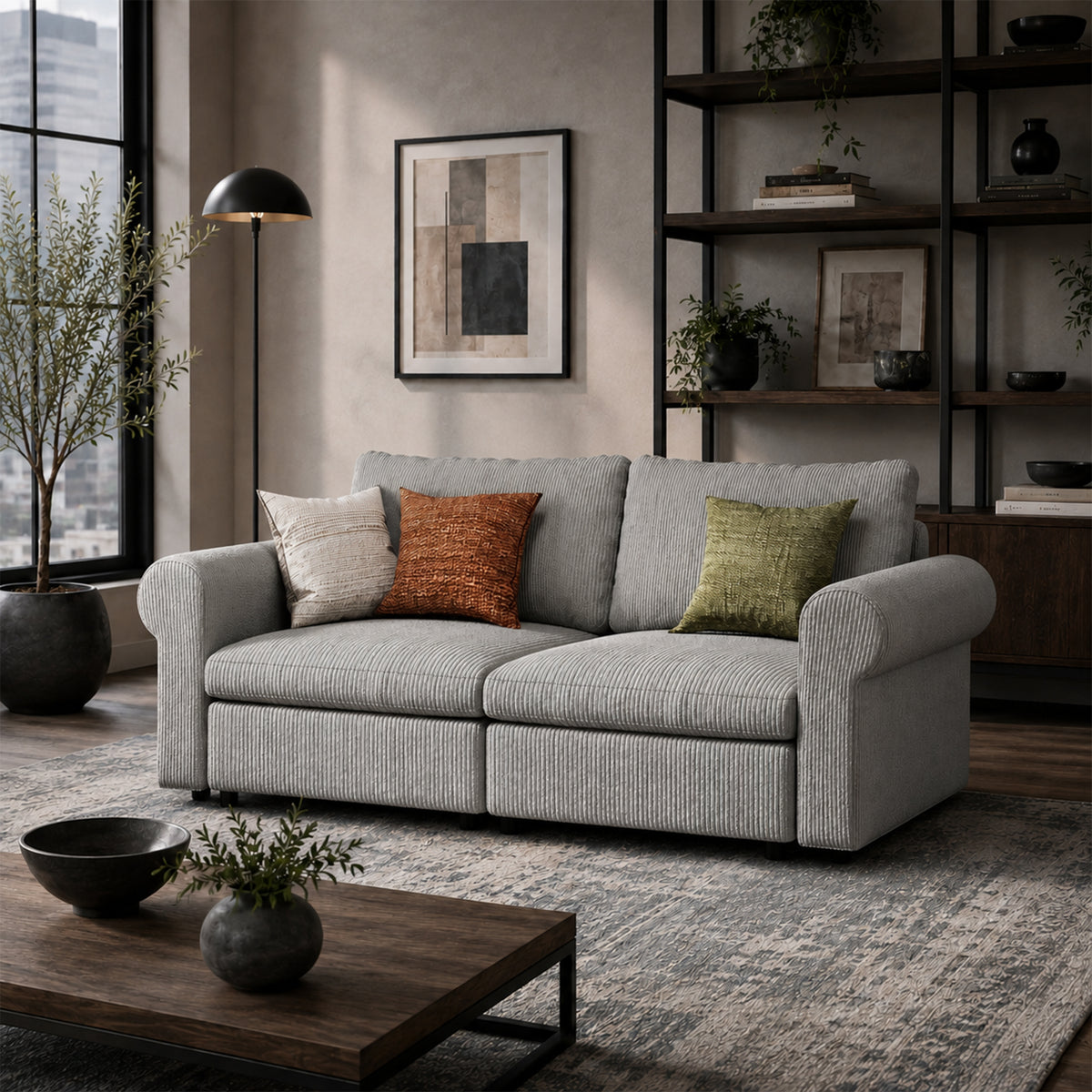 Modular Sectional Sofa - Rounded Arm, Storage Seat, Box Backrest - 35" W x 22" D Per Seat