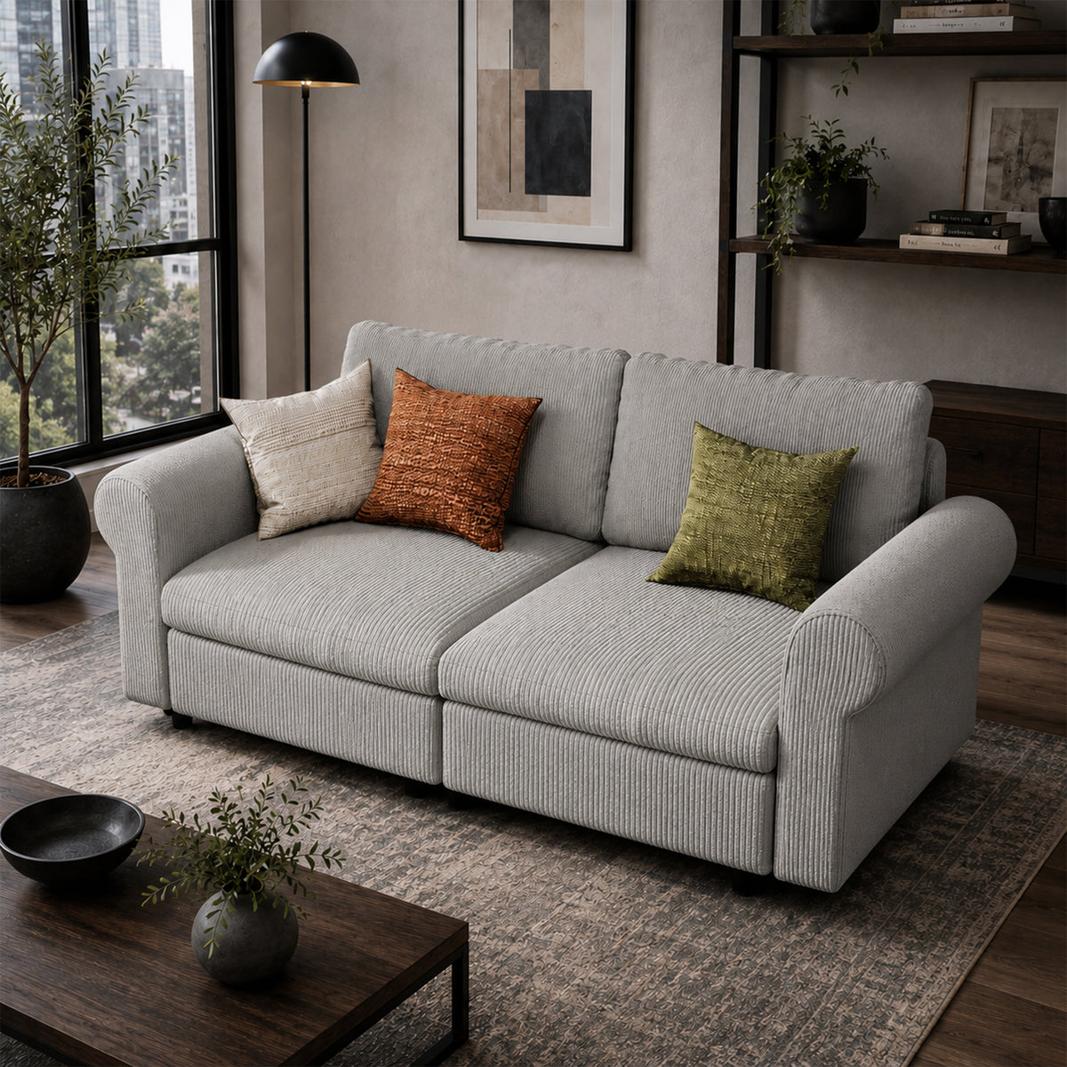 Modular Sectional Sofa - Rounded Arm, Storage Seat, Box Backrest - 35" W x 22" D Per Seat