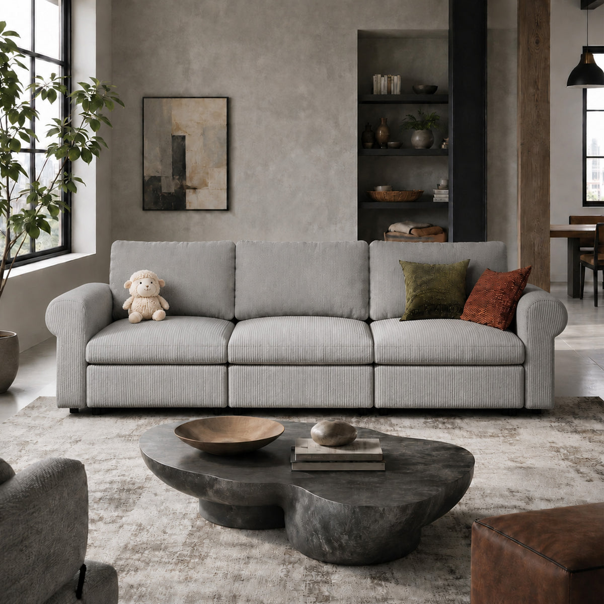 Modular Sectional Sofa - Rounded Arm, Storage Seat, Box Backrest - 35" W x 22" D Per Seat