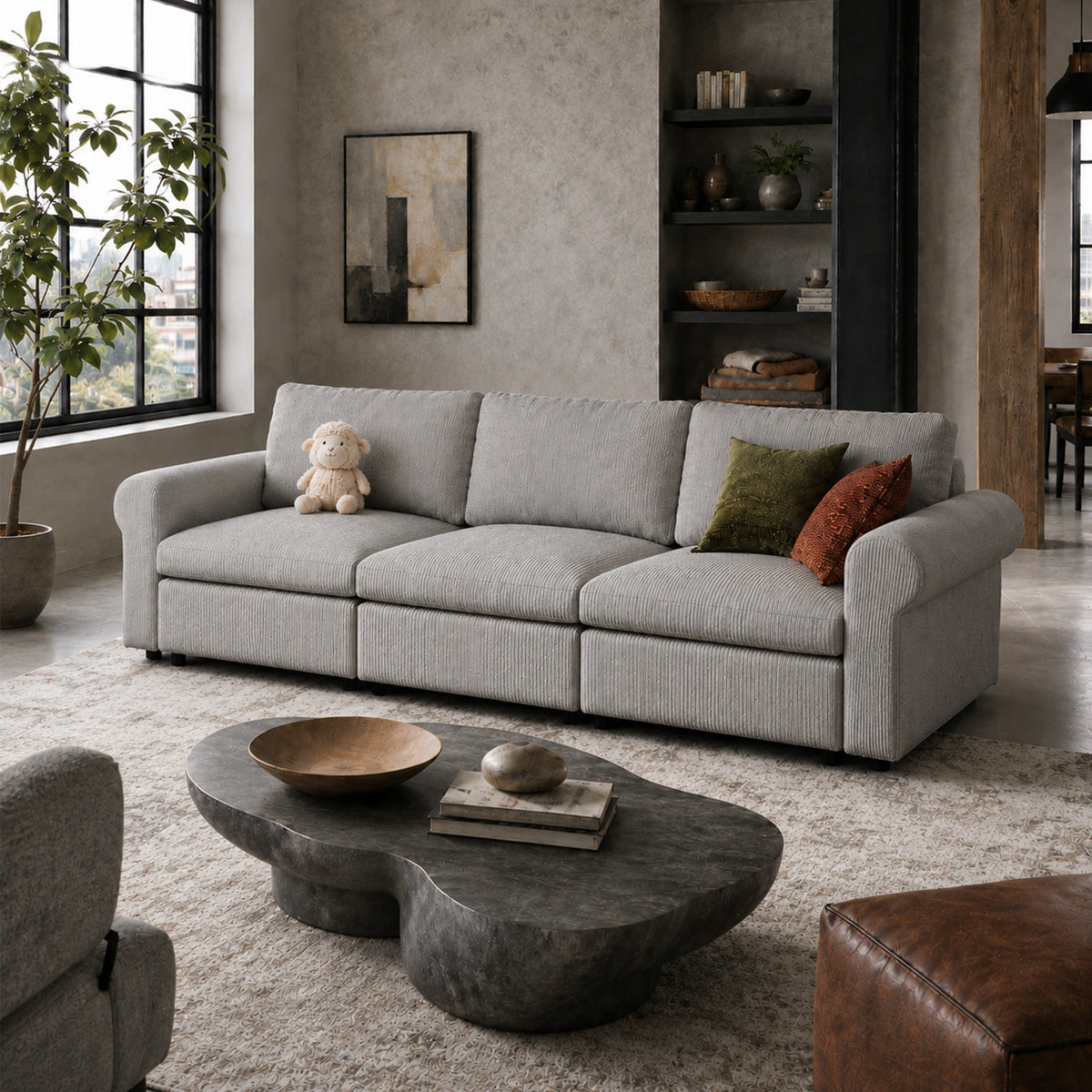 Modular Sectional Sofa - Rounded Arm, Storage Seat, Box Backrest - 35" W x 22" D Per Seat