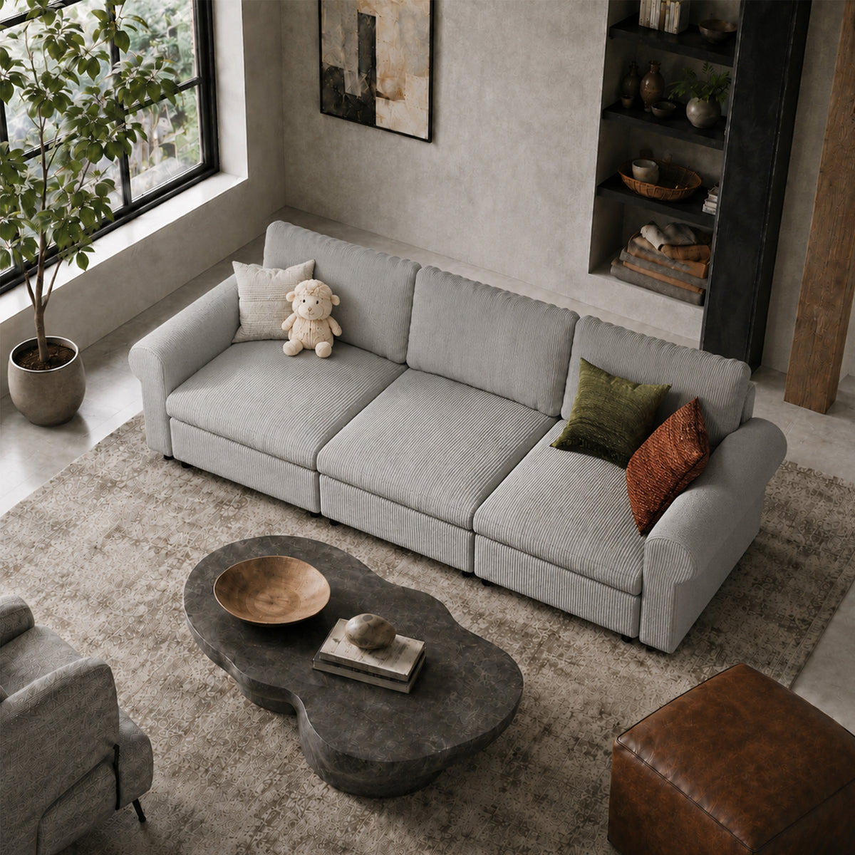 Modular Sectional Sofa - Rounded Arm, Storage Seat, Box Backrest - 35" W x 22" D Per Seat