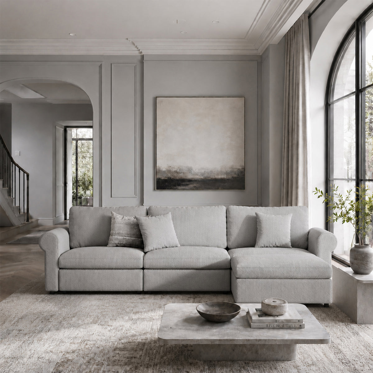 Modular Sectional Sofa - Rounded Arm, Storage Seat, Box Backrest - 35" W x 22" D Per Seat