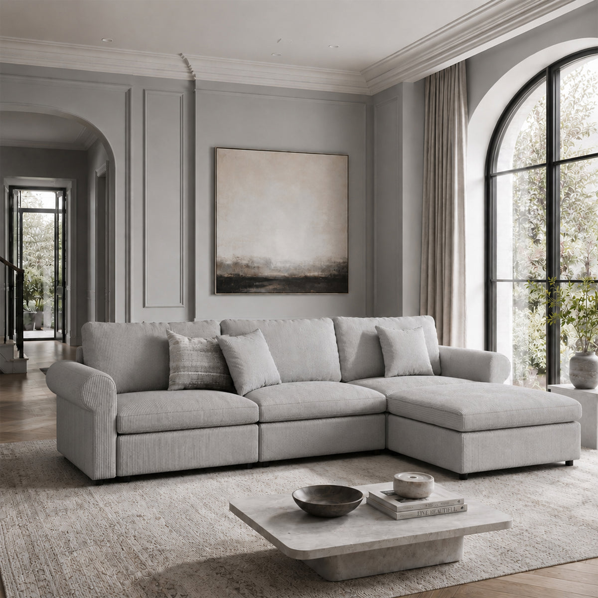 Modular Sectional Sofa - Rounded Arm, Storage Seat, Box Backrest - 35" W x 22" D Per Seat
