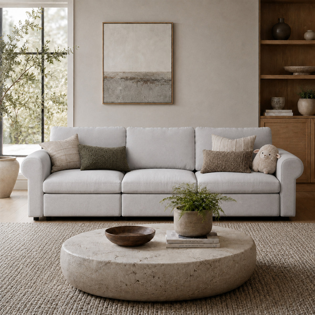 Modular Sectional Sofa - Rounded Arm, Storage Seat, Box Backrest - 35" W x 22" D Per Seat